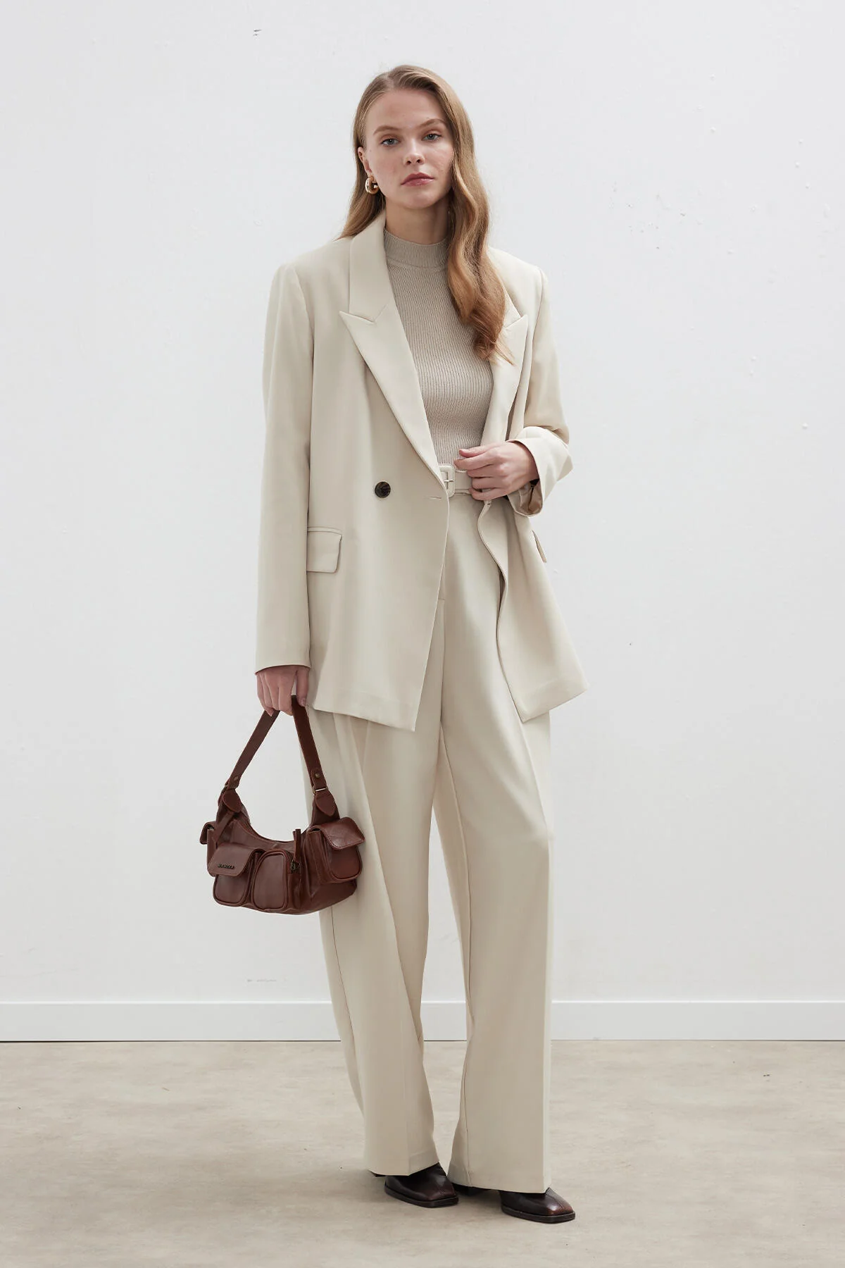 Double-Breasted Classic Blazer Jacket Beige - Image 5
