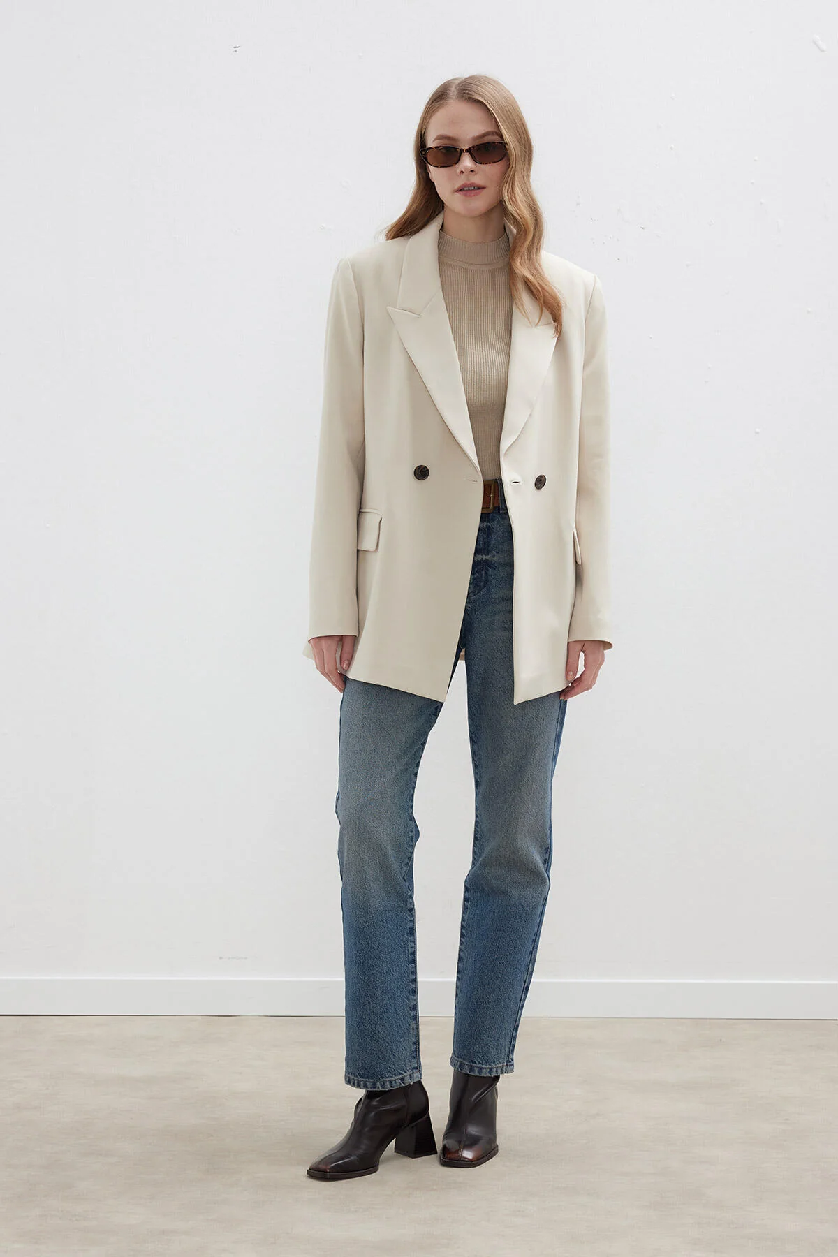 Double-Breasted Classic Blazer Jacket Beige - Image 6