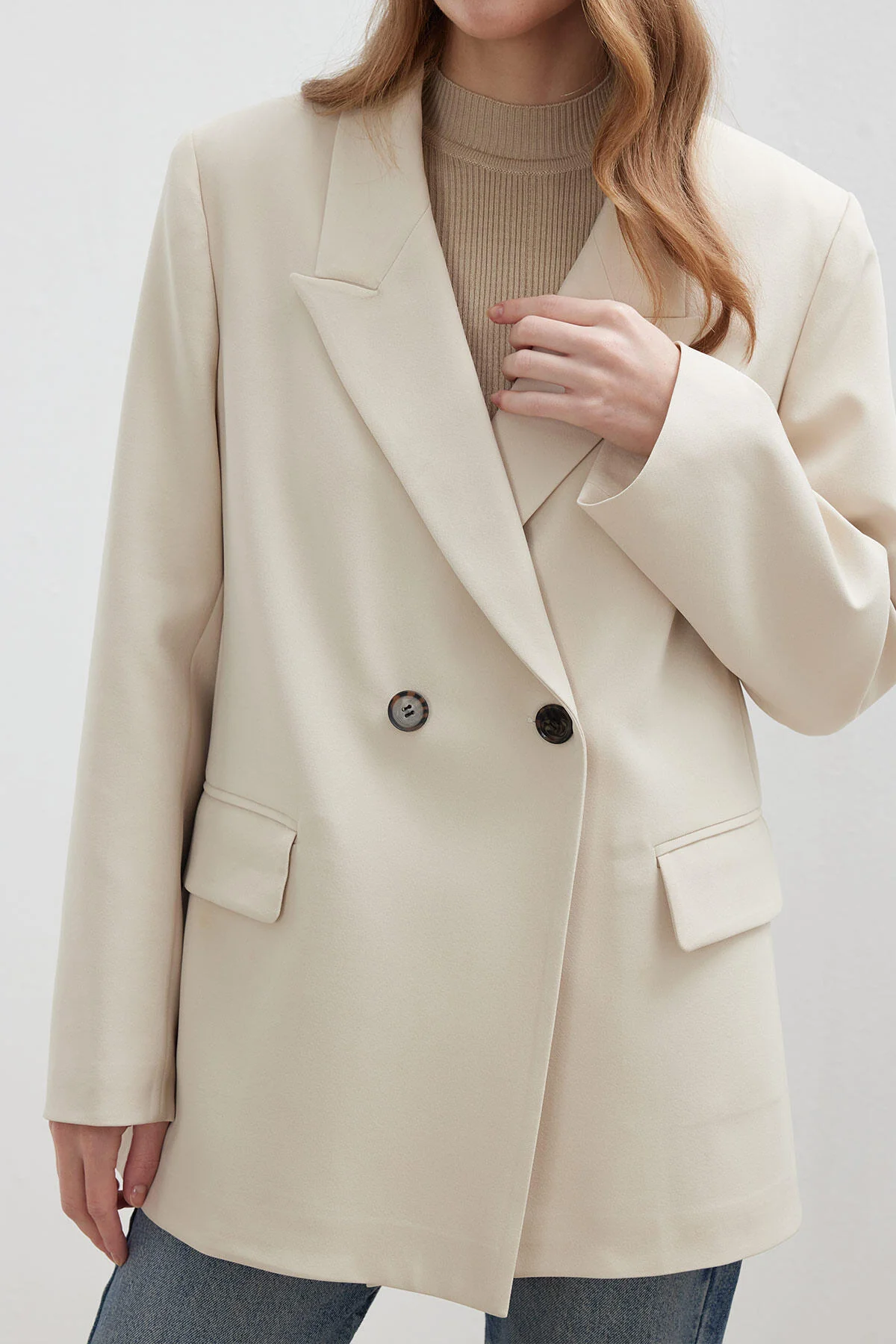 Double-Breasted Classic Blazer Jacket Beige - Image 7