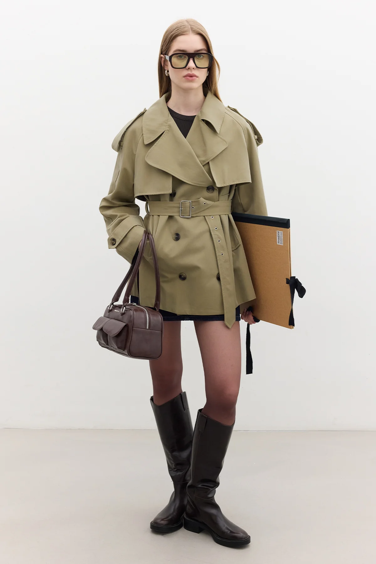 Double-Breasted Cropped Trench Coat Green - Image 3