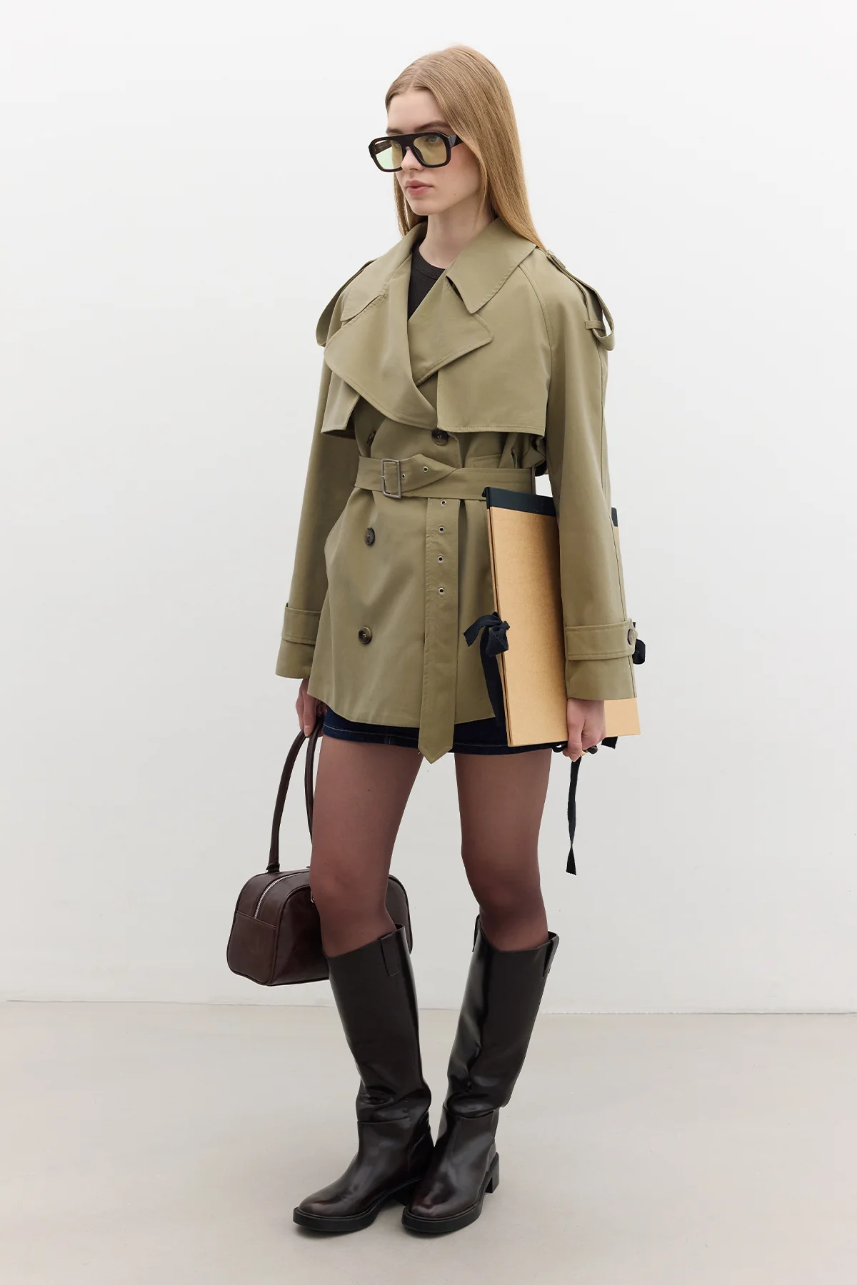 Double-Breasted Cropped Trench Coat Green - Image 4