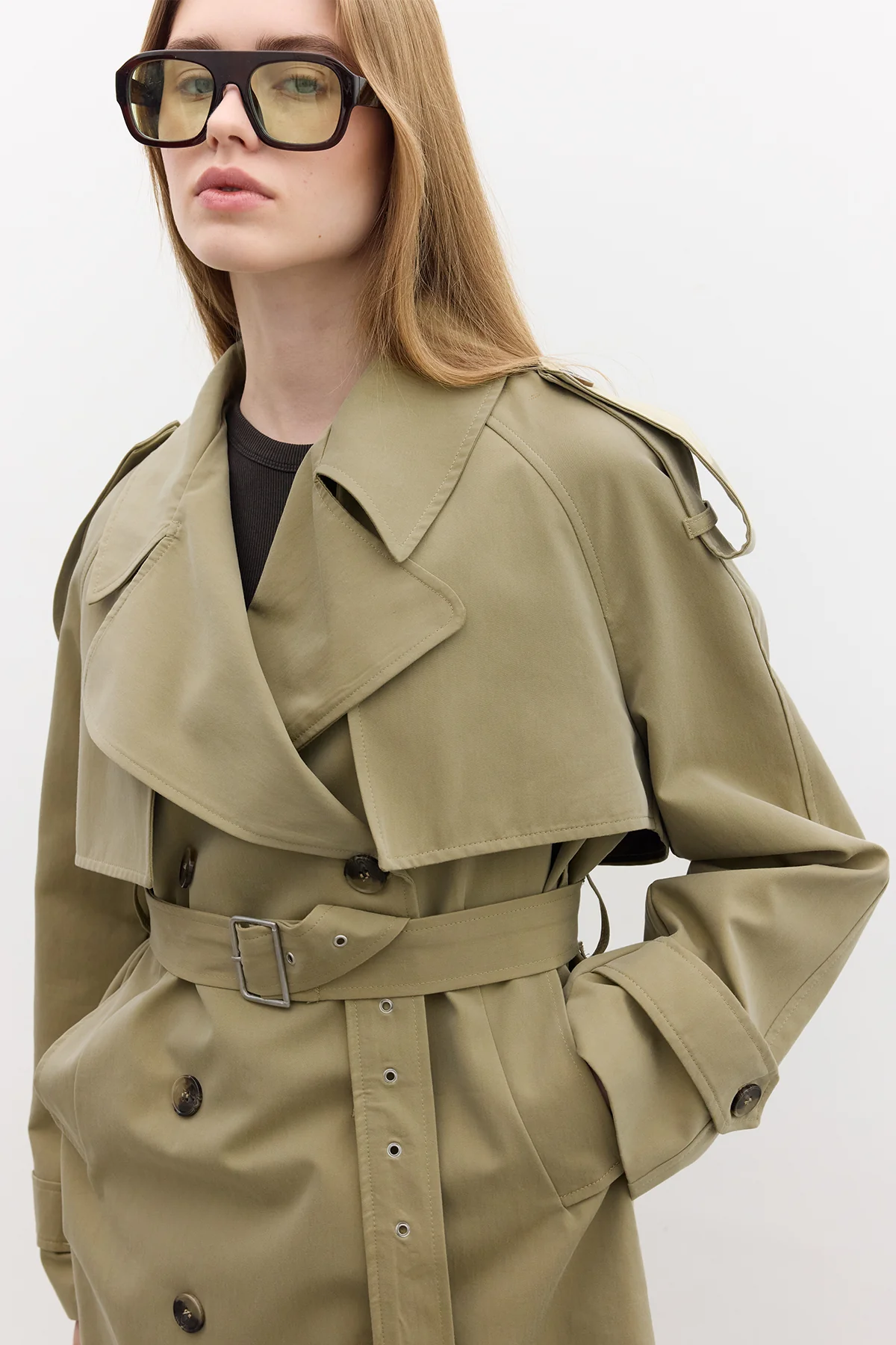 Double-Breasted Cropped Trench Coat Green - Image 5