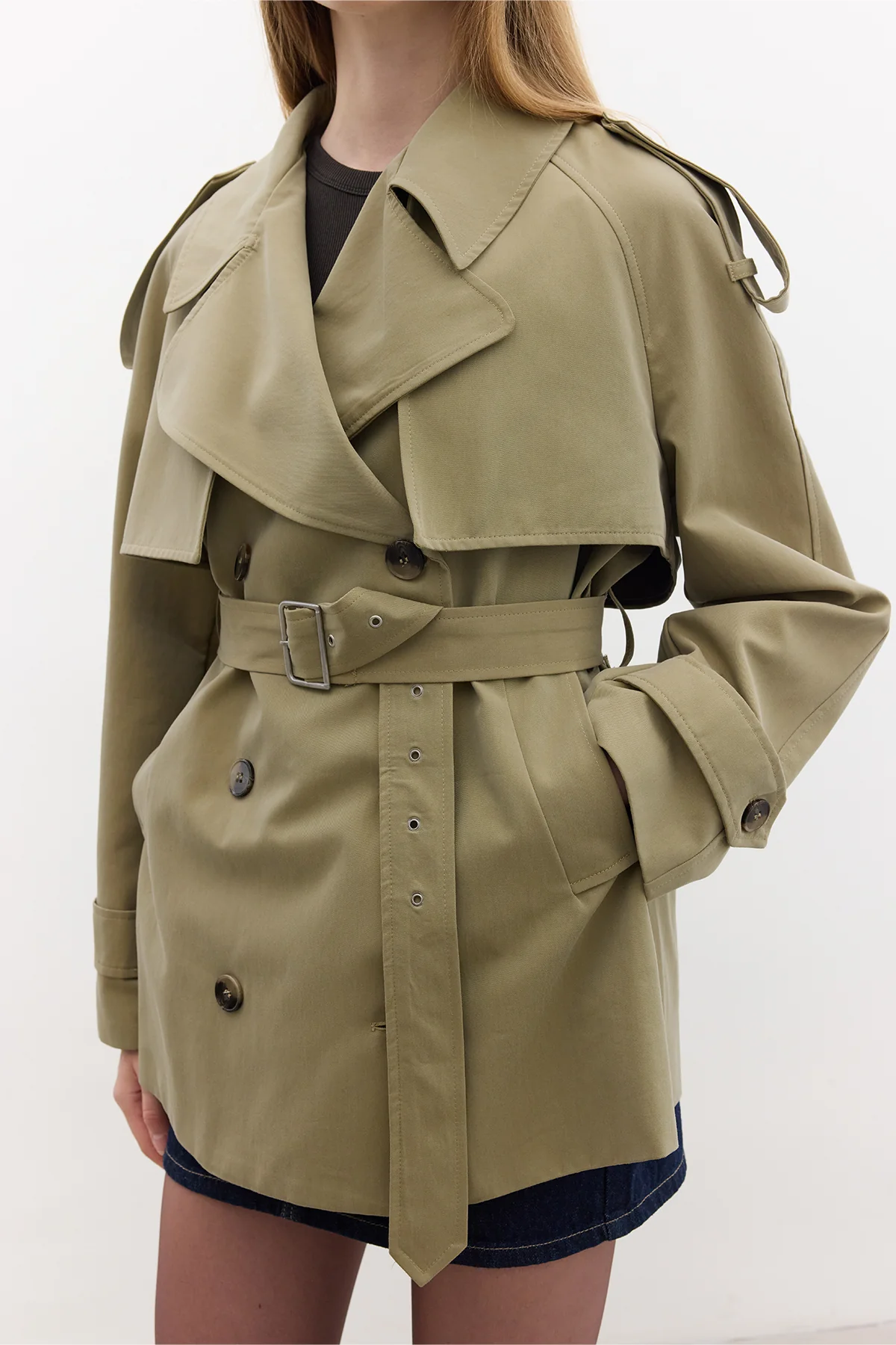 Double-Breasted Cropped Trench Coat Green - Image 7