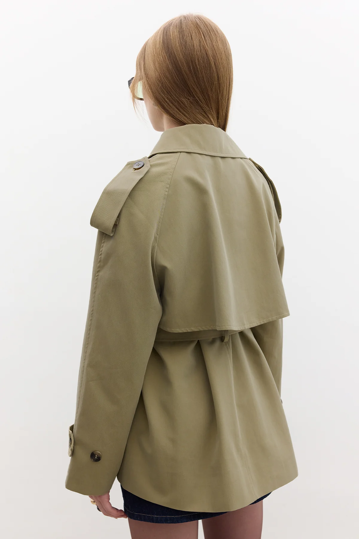 Double-Breasted Cropped Trench Coat Green - Image 8