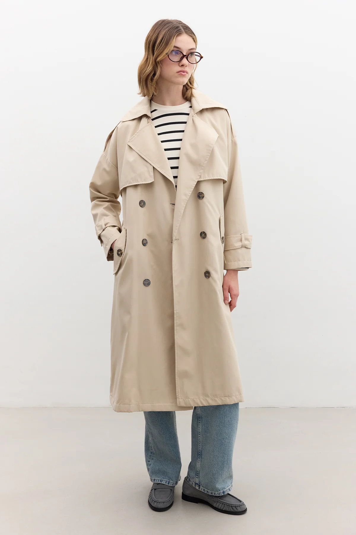 Double-Breasted Trench Coat With Buttons Beige - Image 4