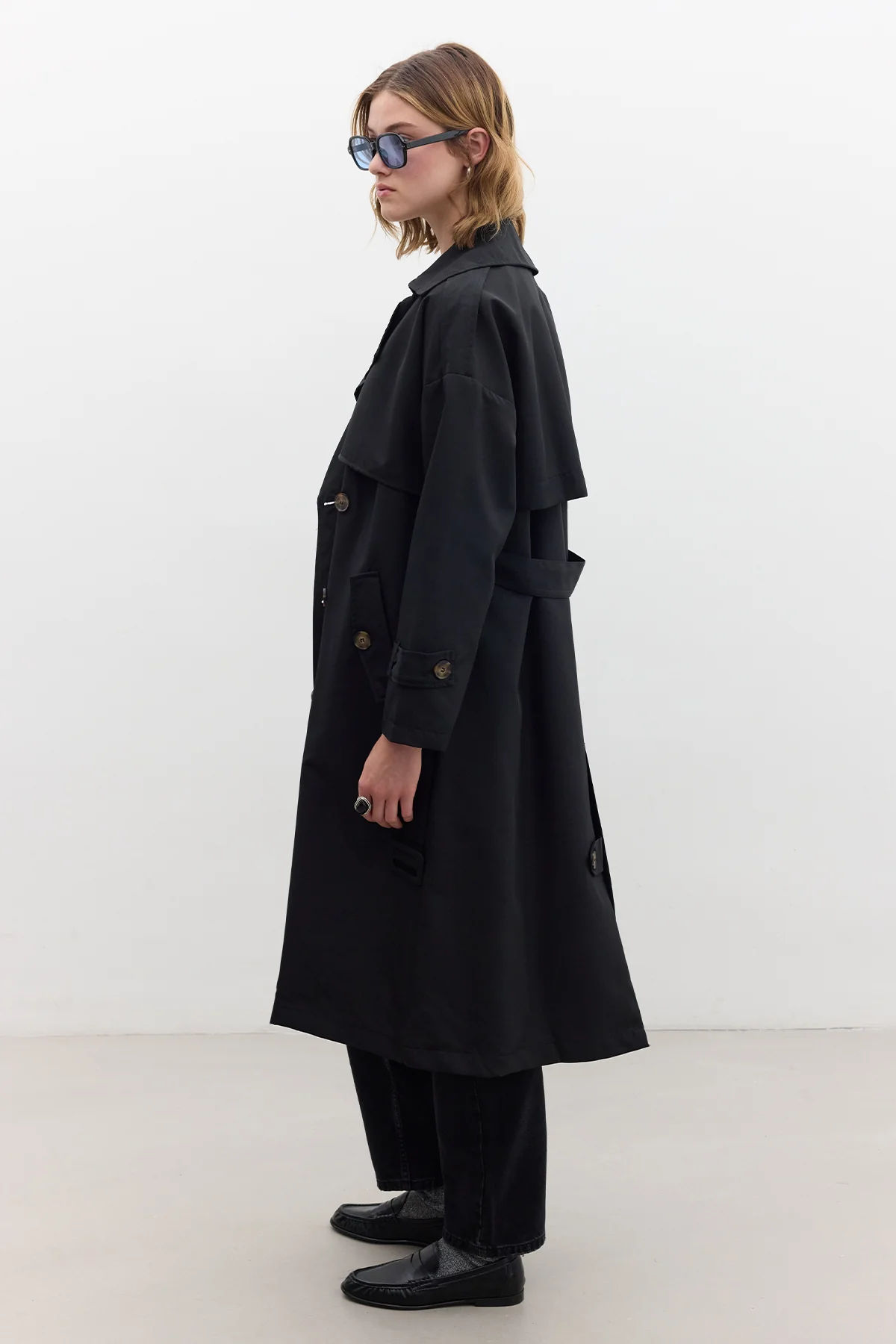 Double-Breasted Trench Coat With Buttons Black - Image 6
