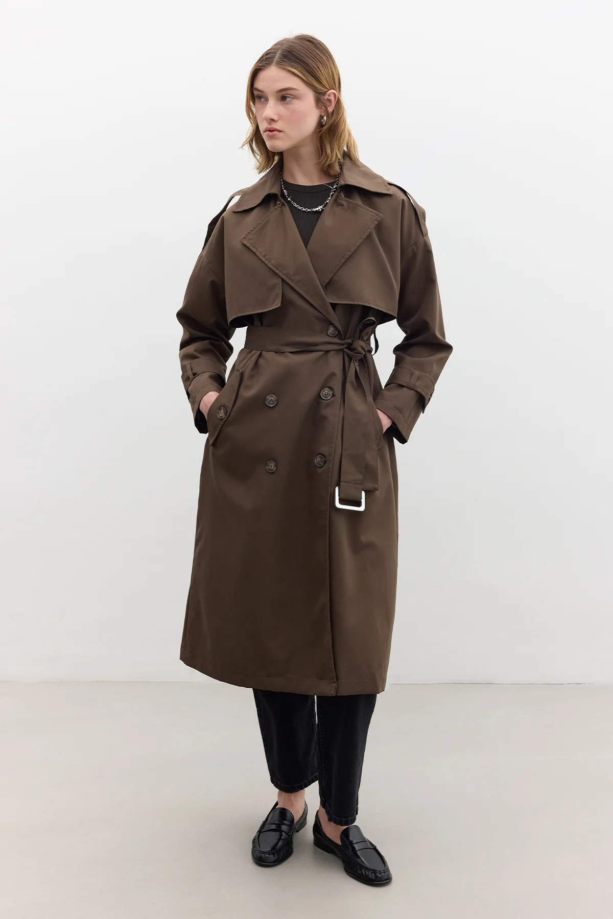 Double-Breasted Trench Coat With Buttons Dark Brown - Image 2