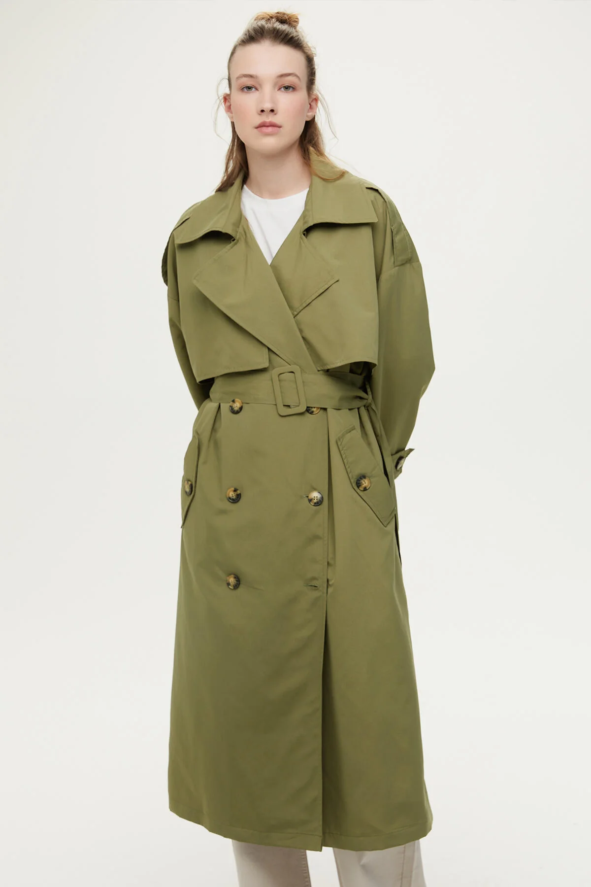 Double-Breasted Trench Coat With Buttons Khaki