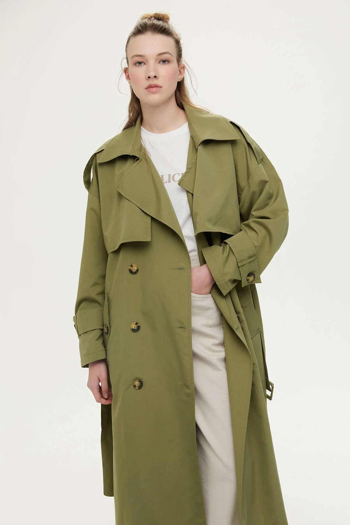 Double-Breasted Trench Coat With Buttons Khaki - Image 2