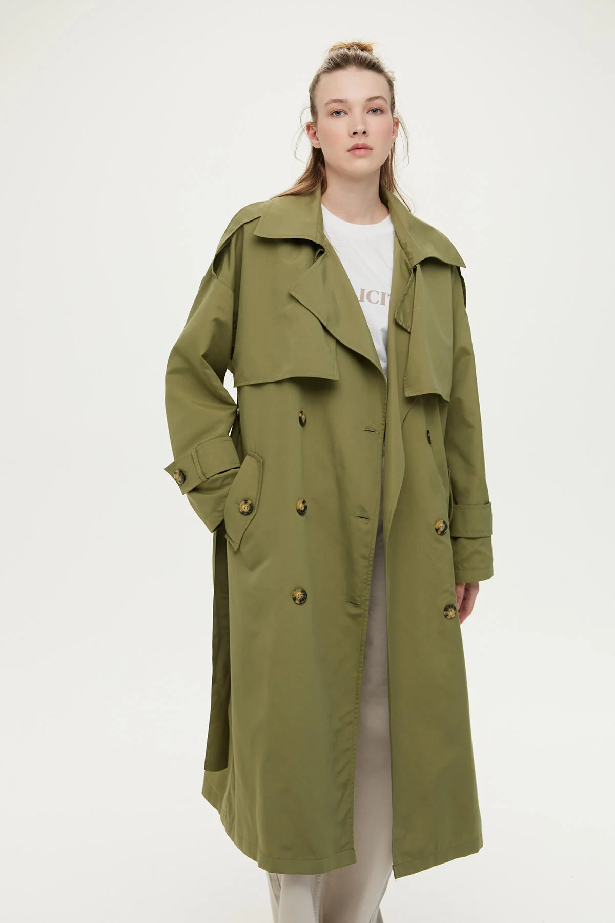 Double-Breasted Trench Coat With Buttons Khaki - Image 3