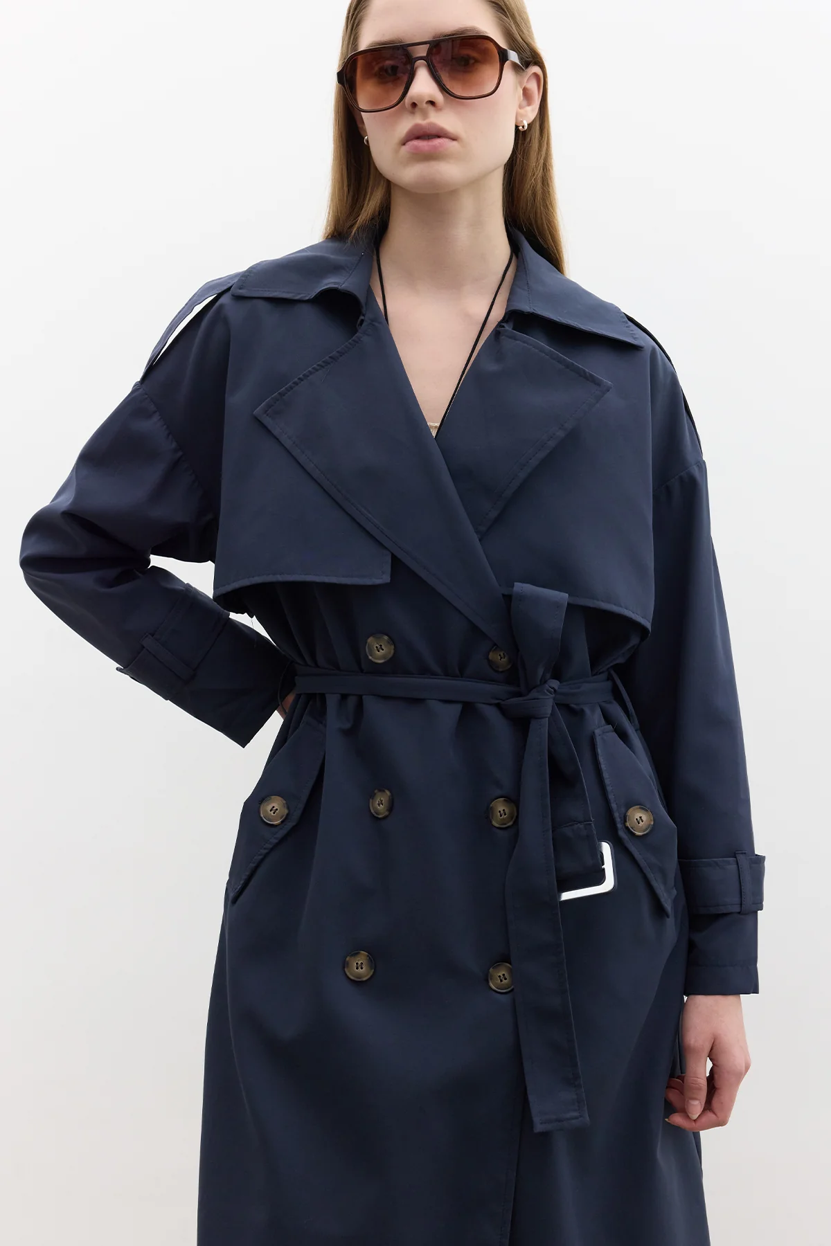 Double-Breasted Trench Coat With Buttons Navy Blue - Image 4