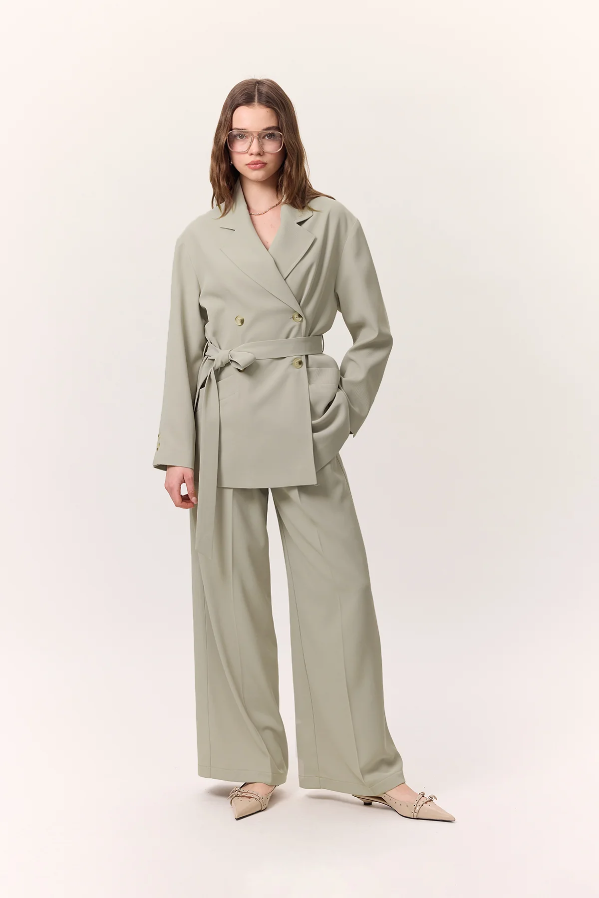 Draped Belted Jacket Soft Green - Image 2