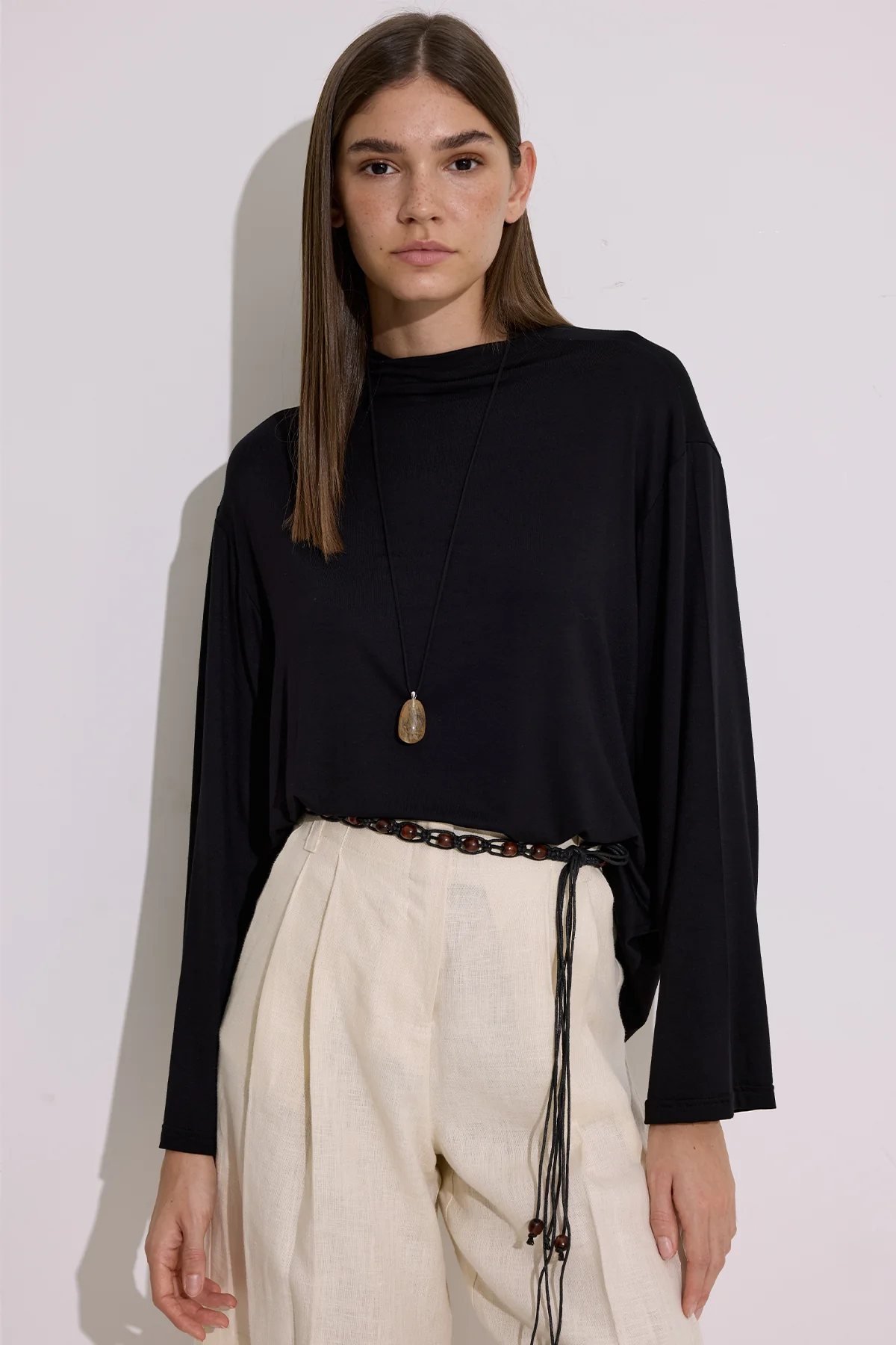 Draped Long-Sleeve Blouse Black - Image 4