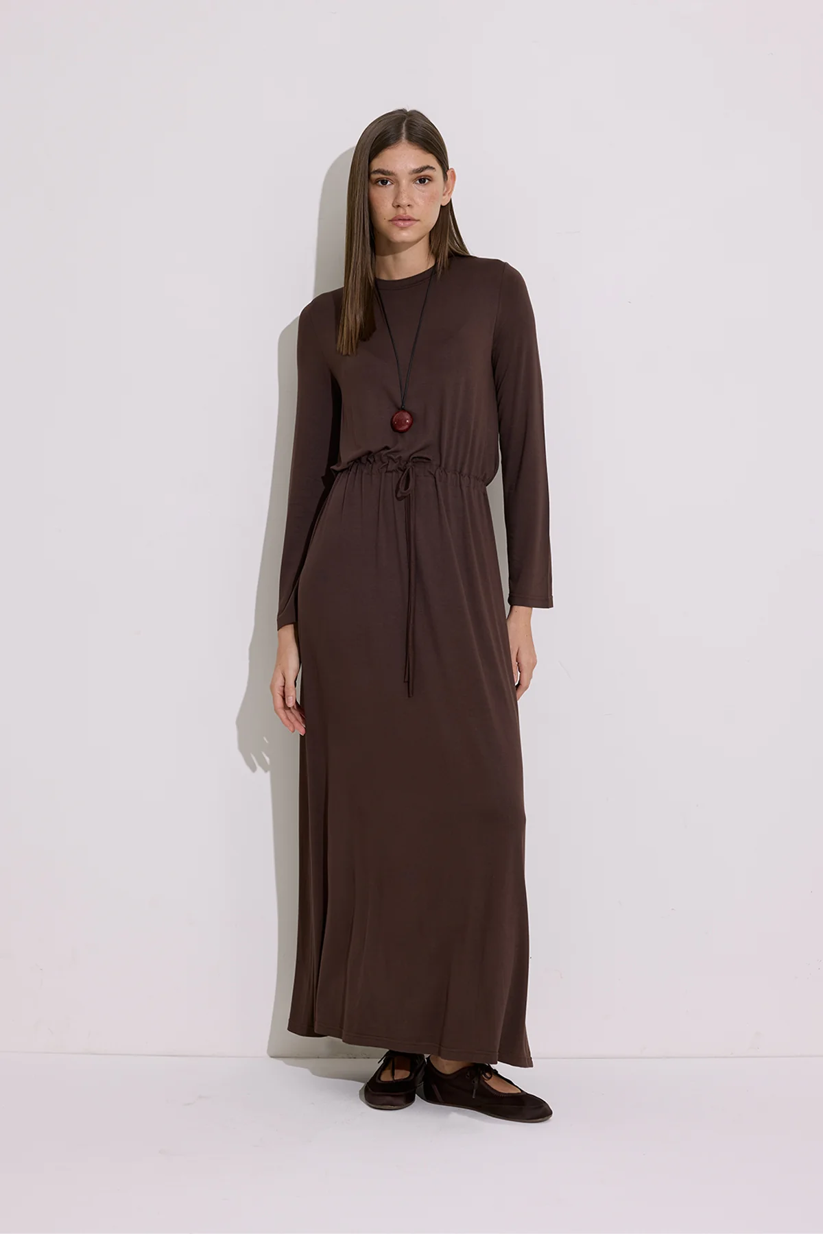 Draped Long Sleeve Dress Brown - Image 4