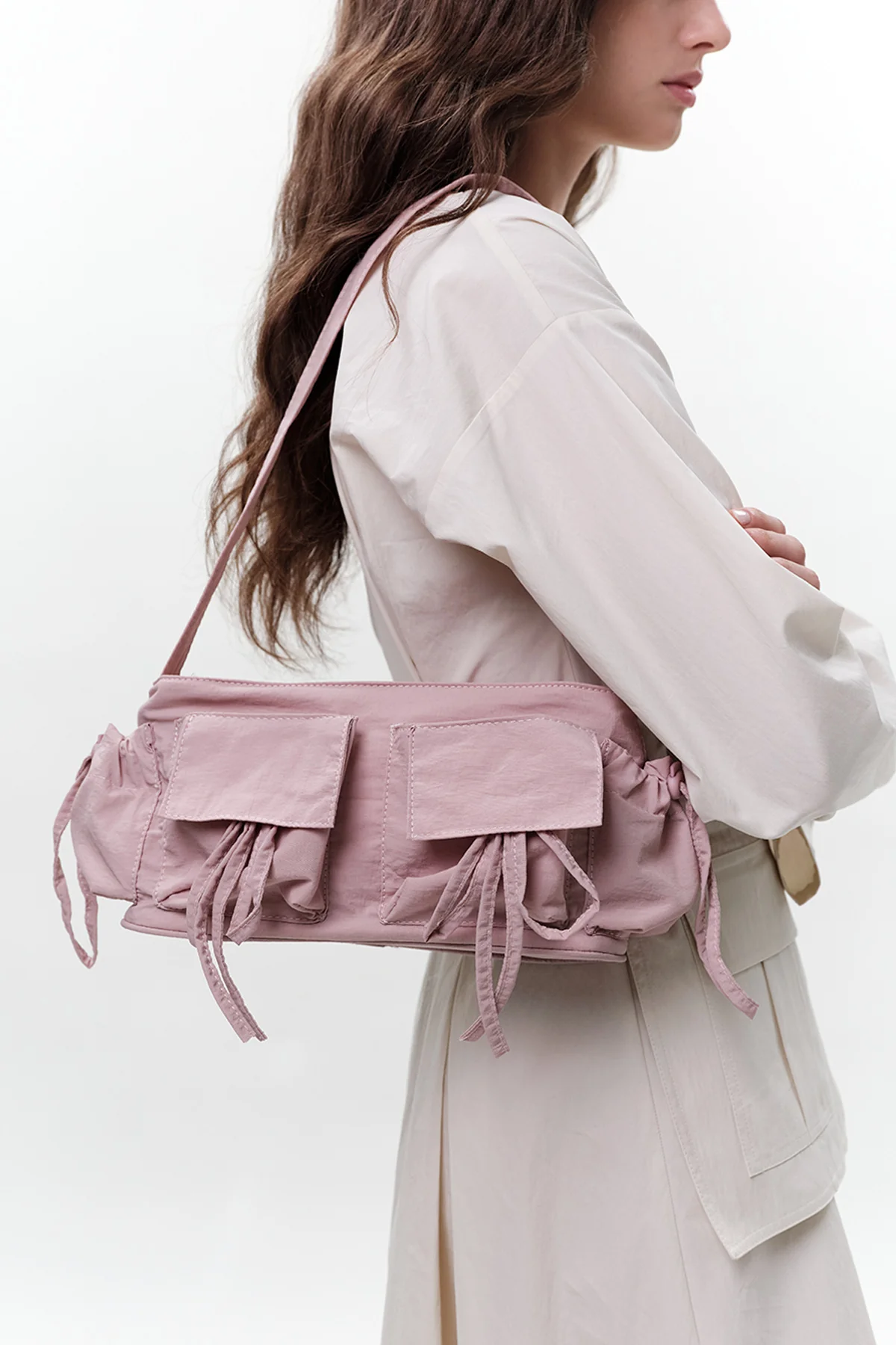 Drawstring Bag With Pockets Pink