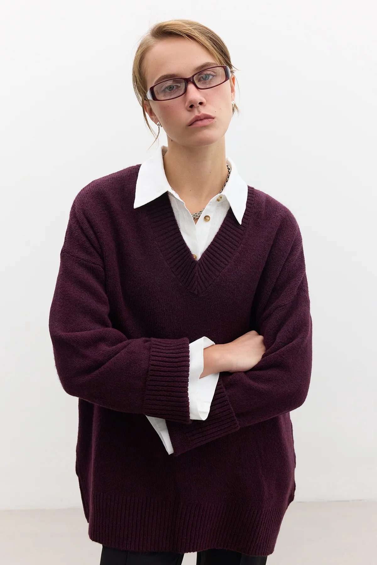 V Neck Knit Sweater Damson - Image 2