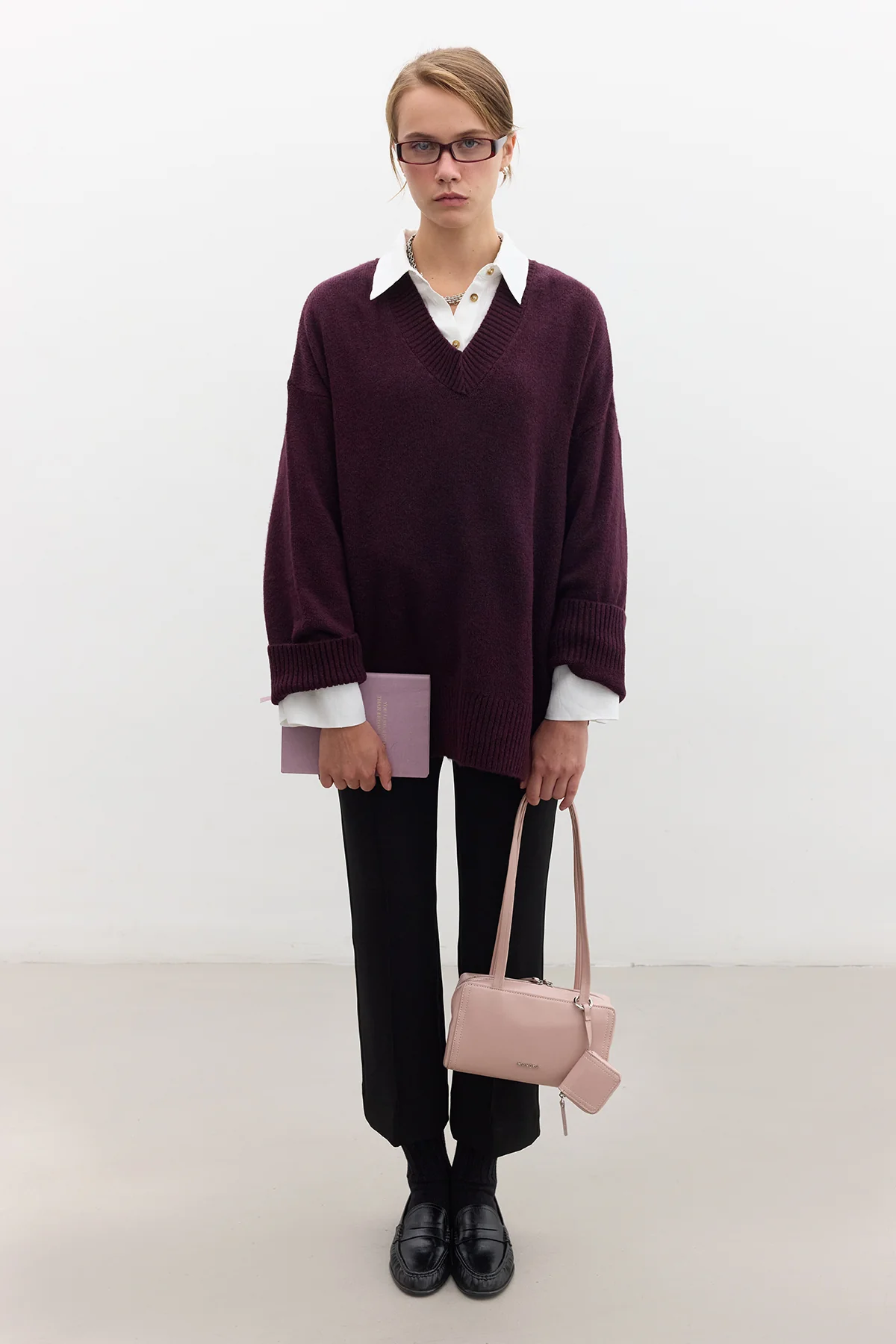 V Neck Knit Sweater Damson - Image 3