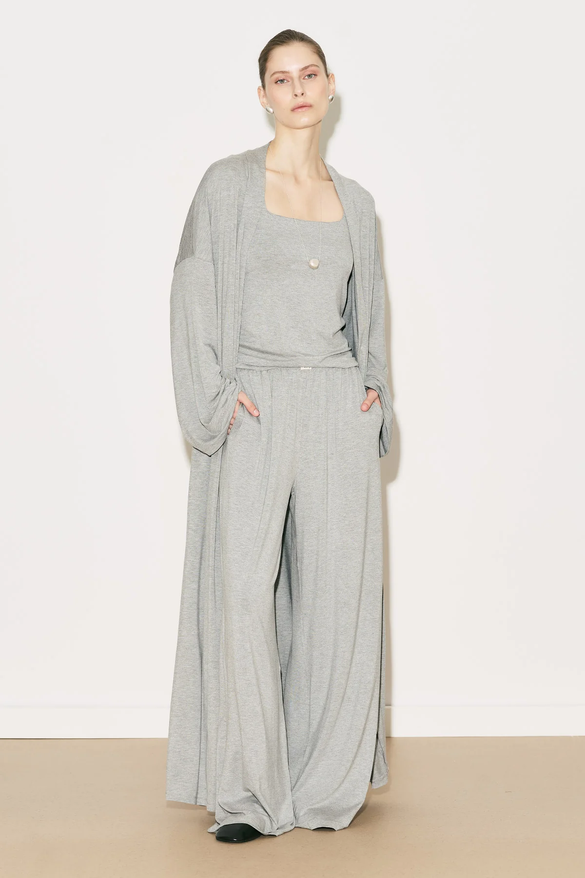 Easy Wide Leg Relaxed Trousers Grey Melange - Image 6