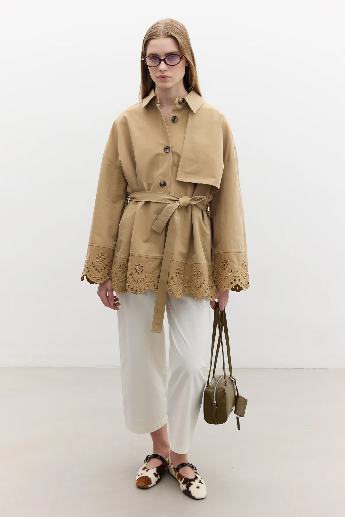 Embroidered Detail Statement Trench Coat Camel - Image 8