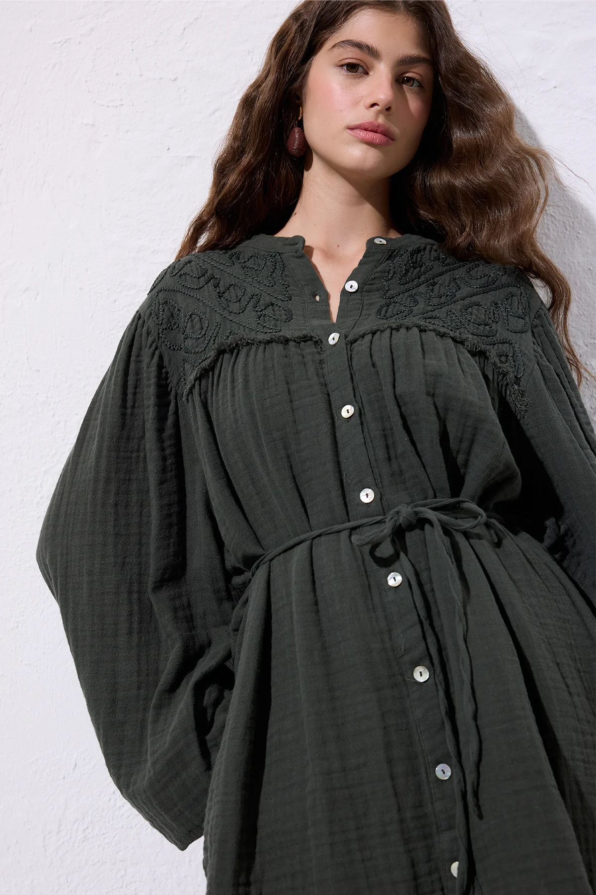 Embroidered Muslin Shirt Dark Green - Image 2