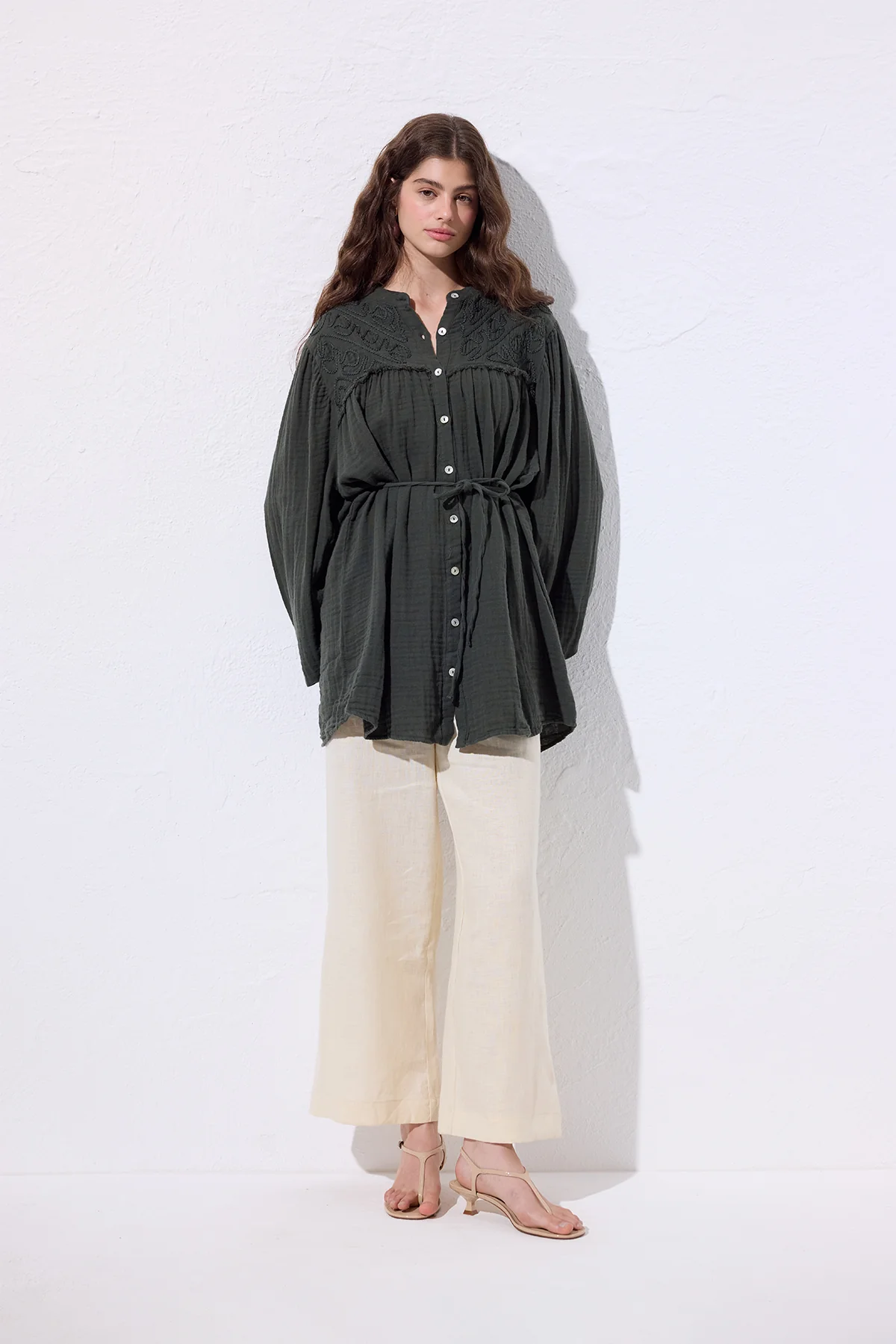Embroidered Muslin Shirt Dark Green - Image 3