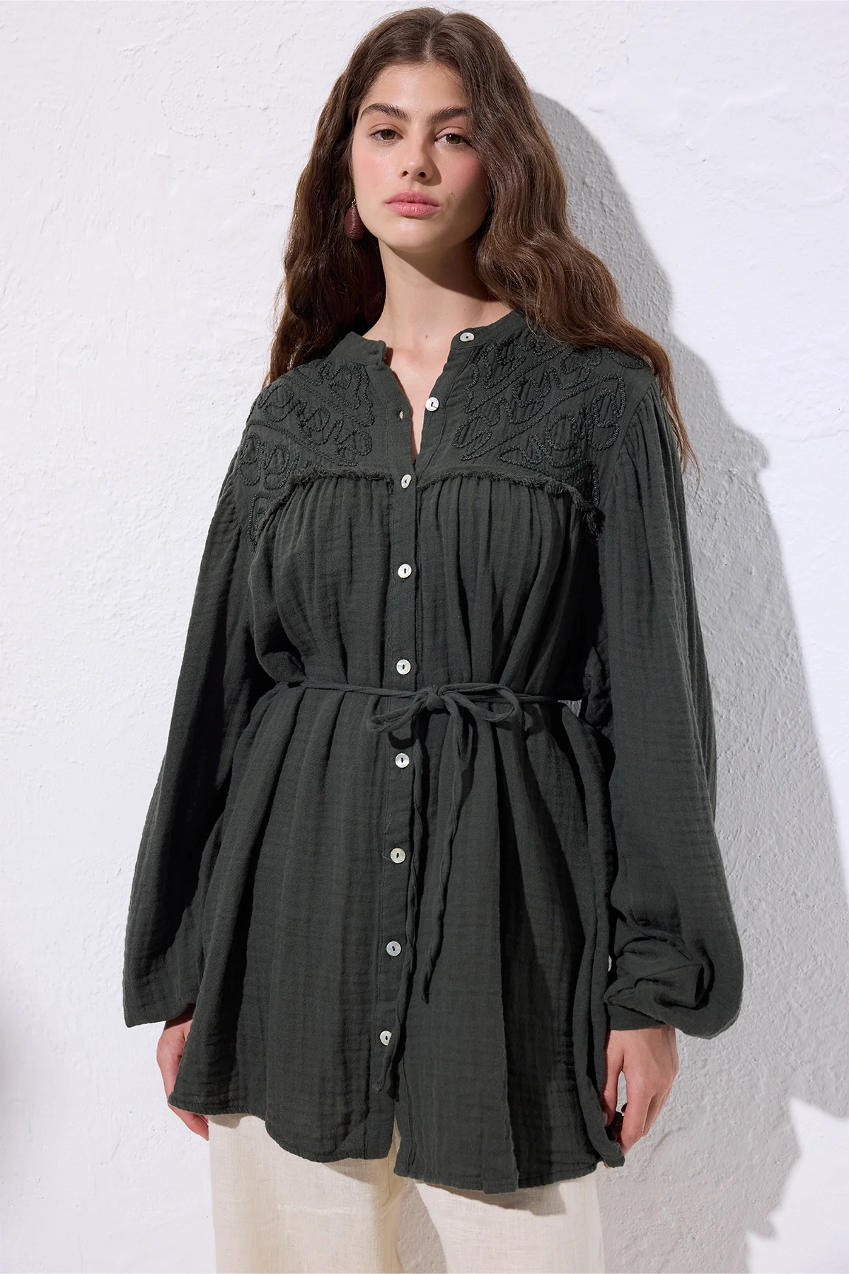 Embroidered Muslin Shirt Dark Green - Image 4