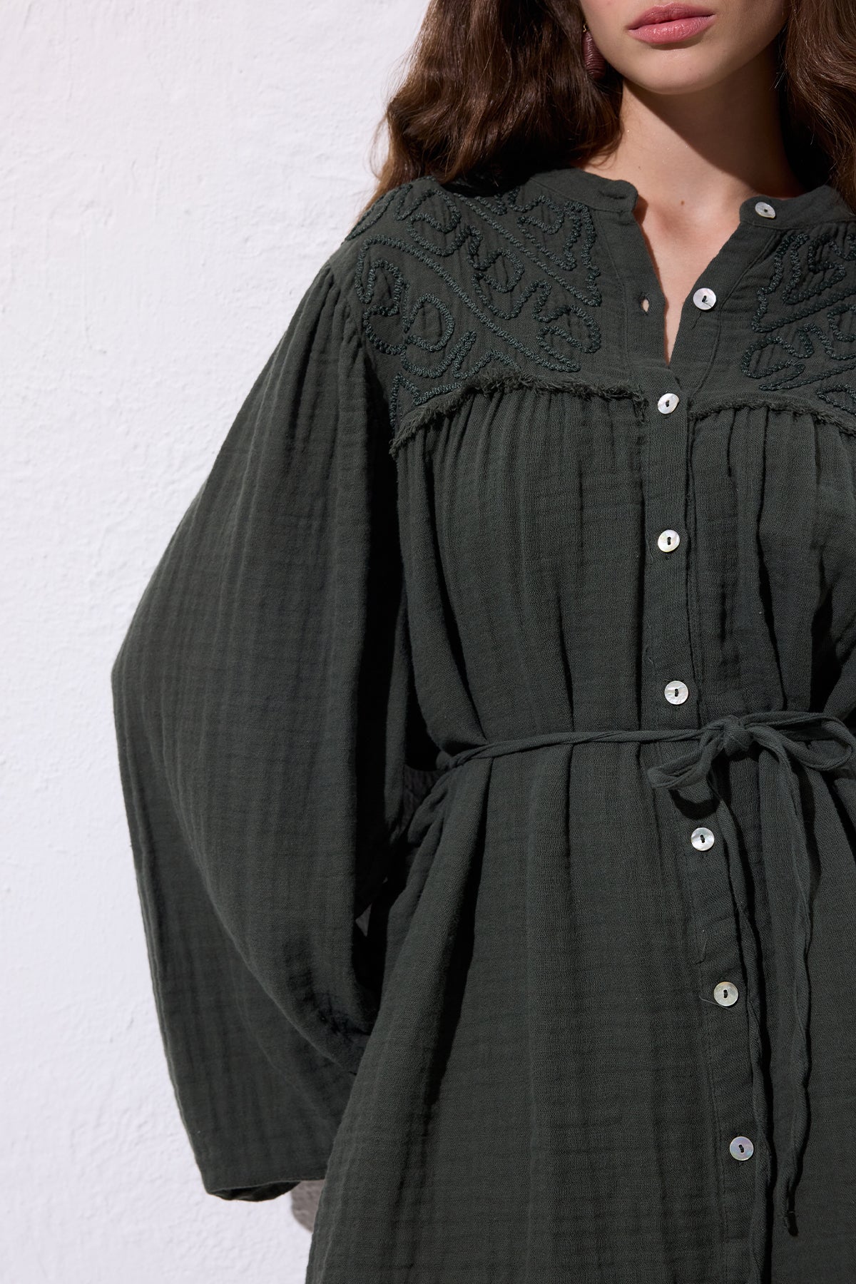 Embroidered Muslin Shirt Dark Green - Image 5