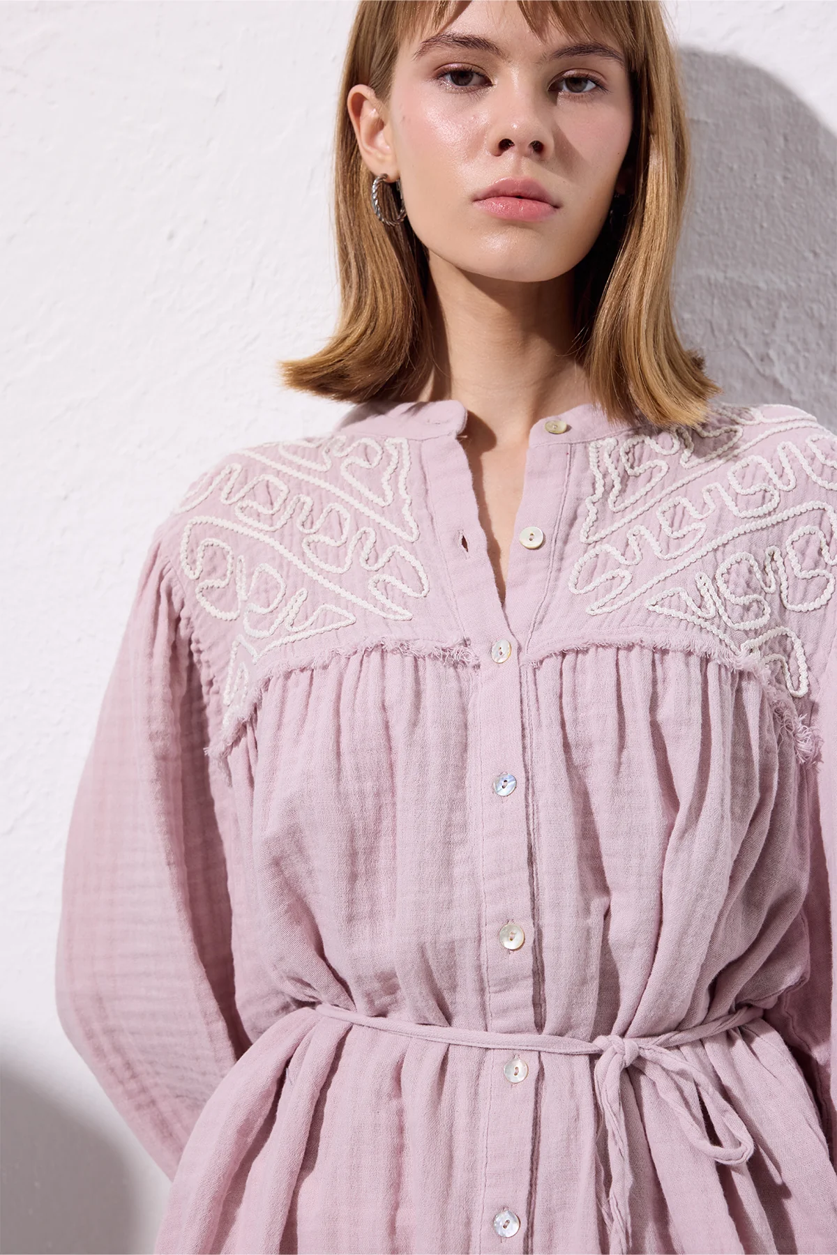 Embroidered Muslin Shirt Powder - Image 3