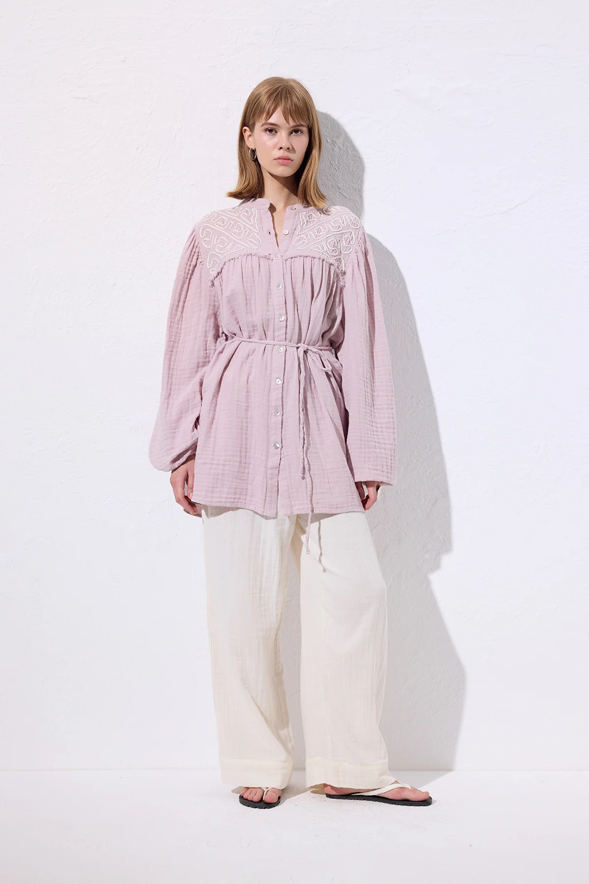 Embroidered Muslin Shirt Powder - Image 4