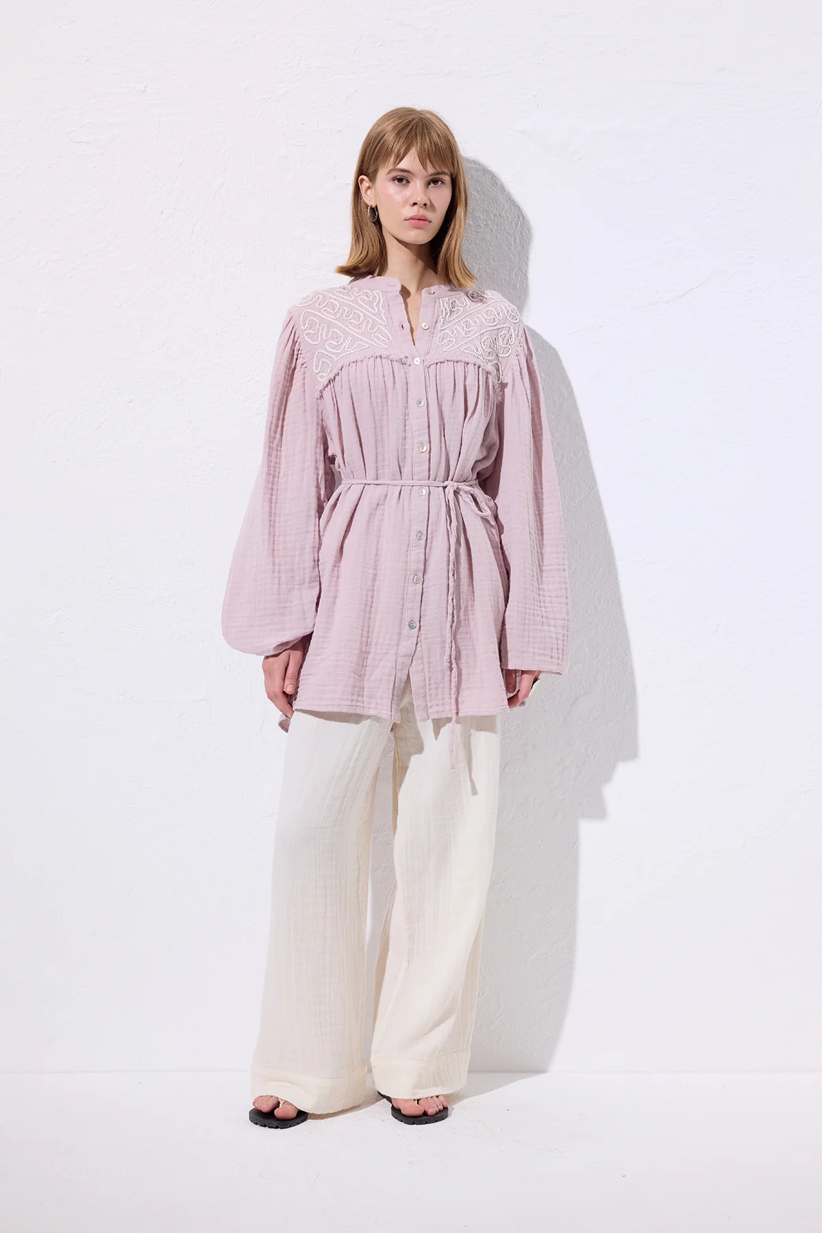 Embroidered Muslin Shirt Powder - Image 6