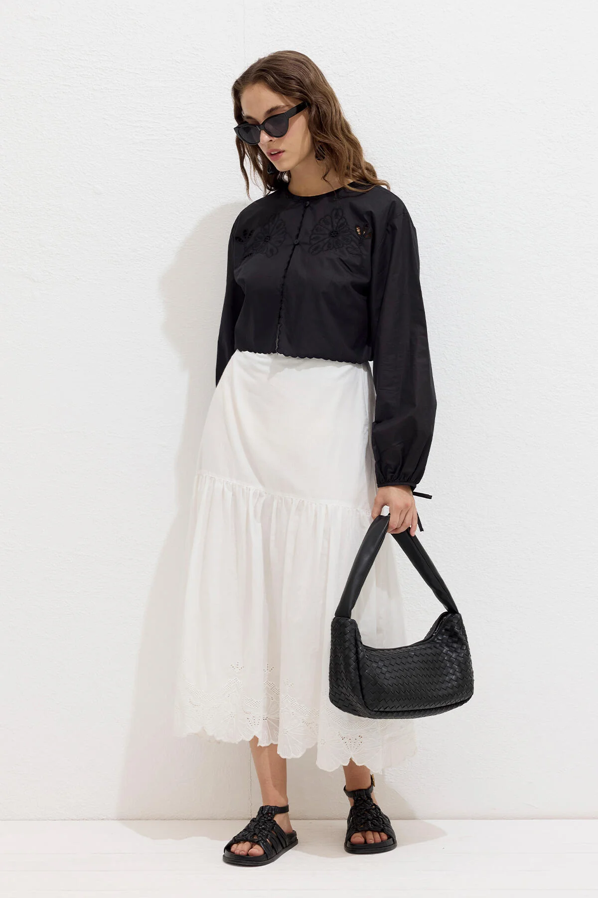 Embroidered Tie Front Blouse Black - Image 2