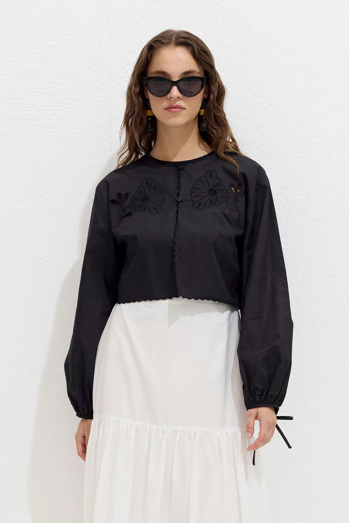 Embroidered Tie Front Blouse Black - Image 3