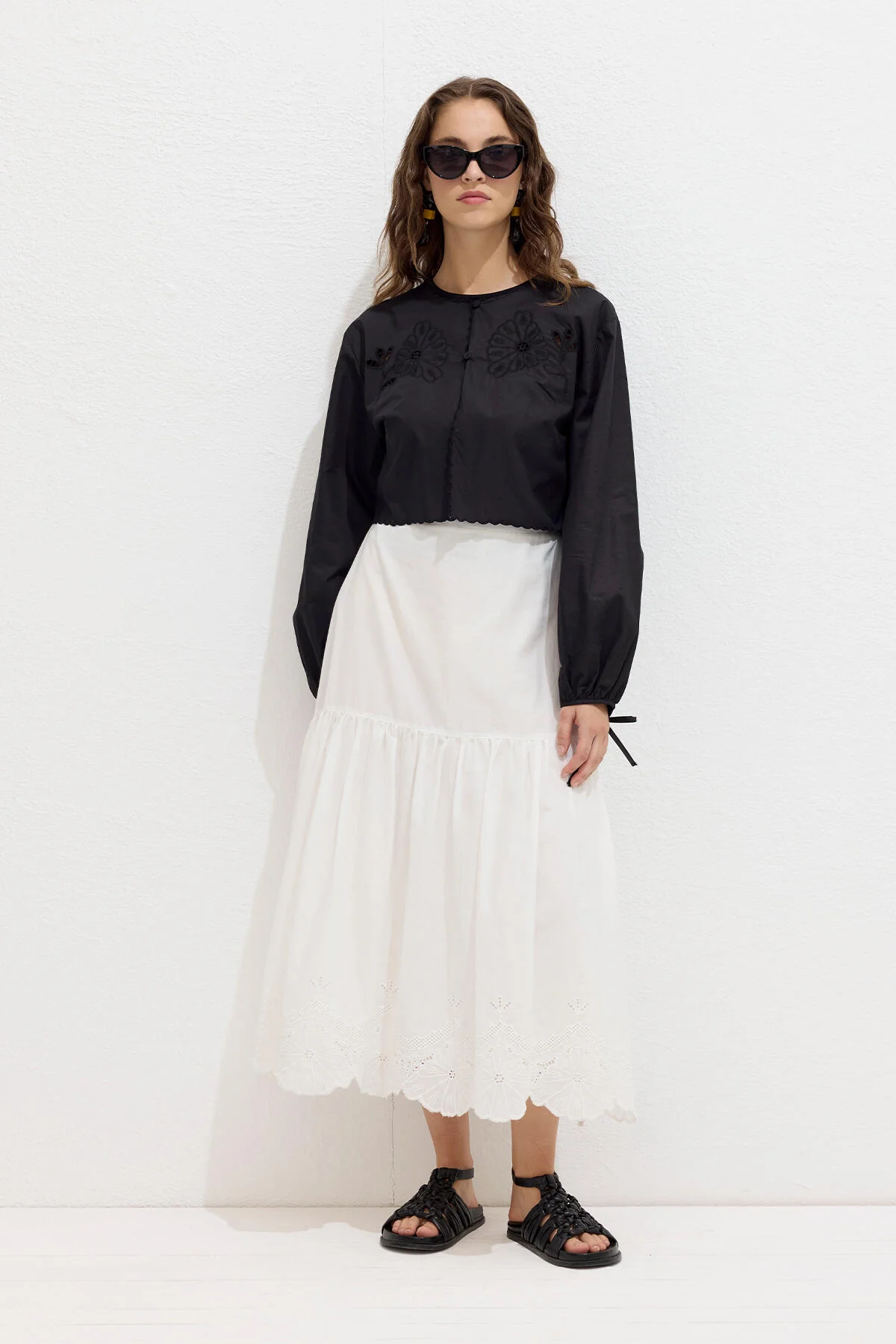 Embroidered Tie Front Blouse Black - Image 4