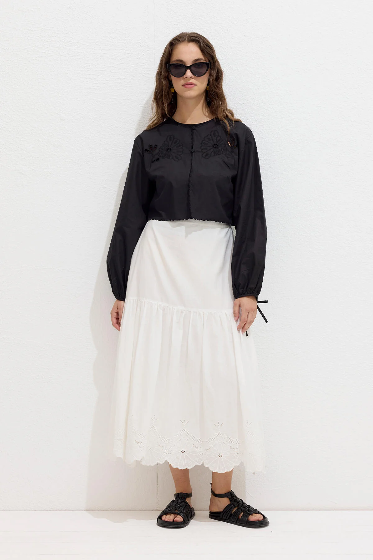 Embroidered Tie Front Blouse Black - Image 5