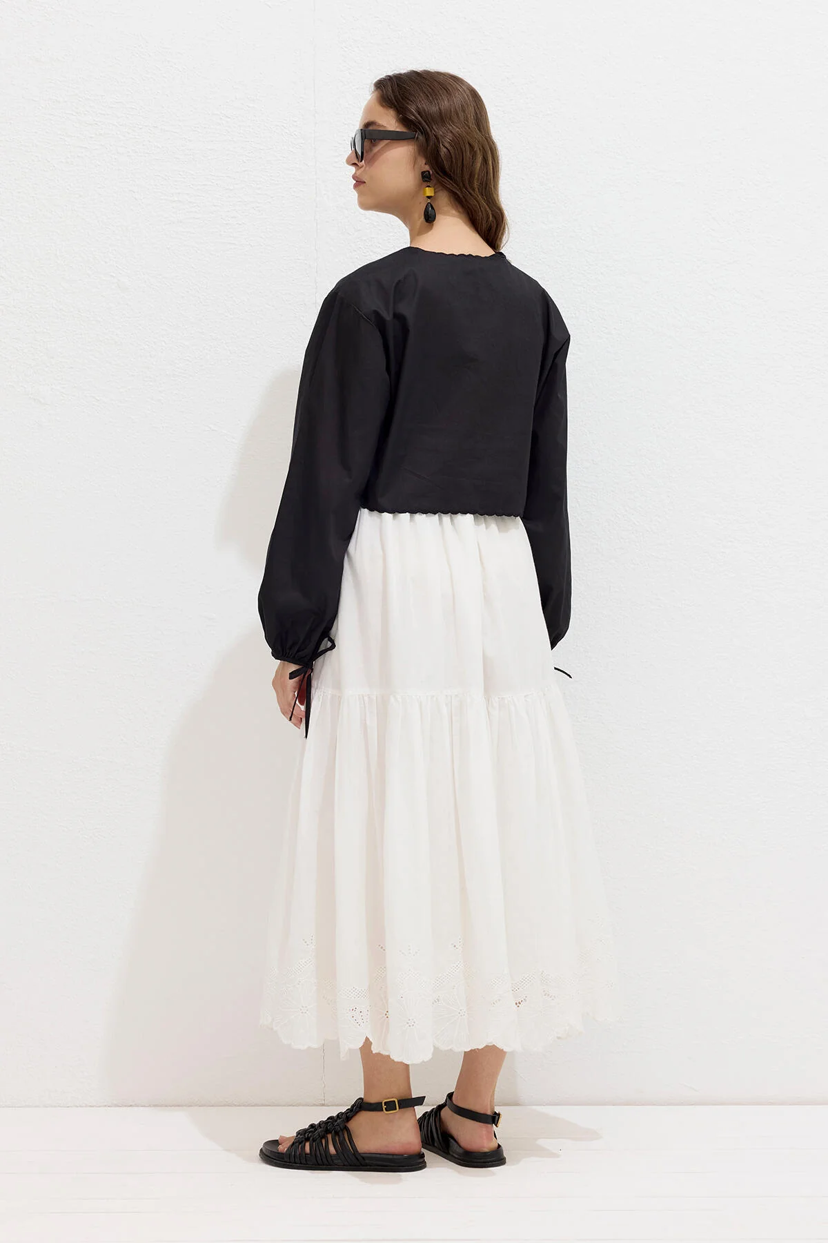 Embroidered Tie Front Blouse Black - Image 6