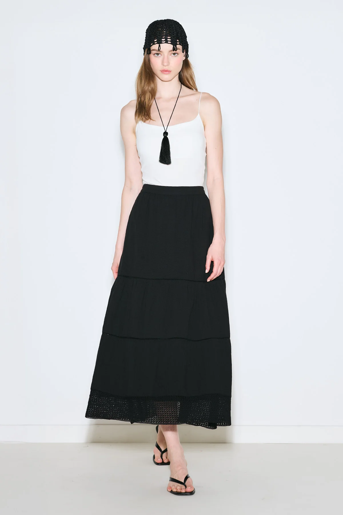 Embroidered Tiered Maxi Skirt Black