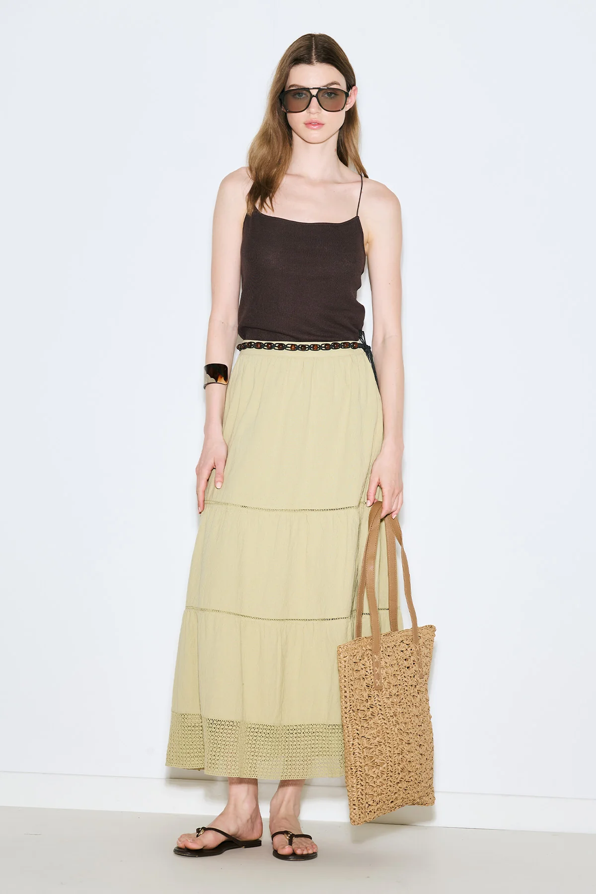 Embroidered Tiered Maxi Skirt Soft Green - Image 2