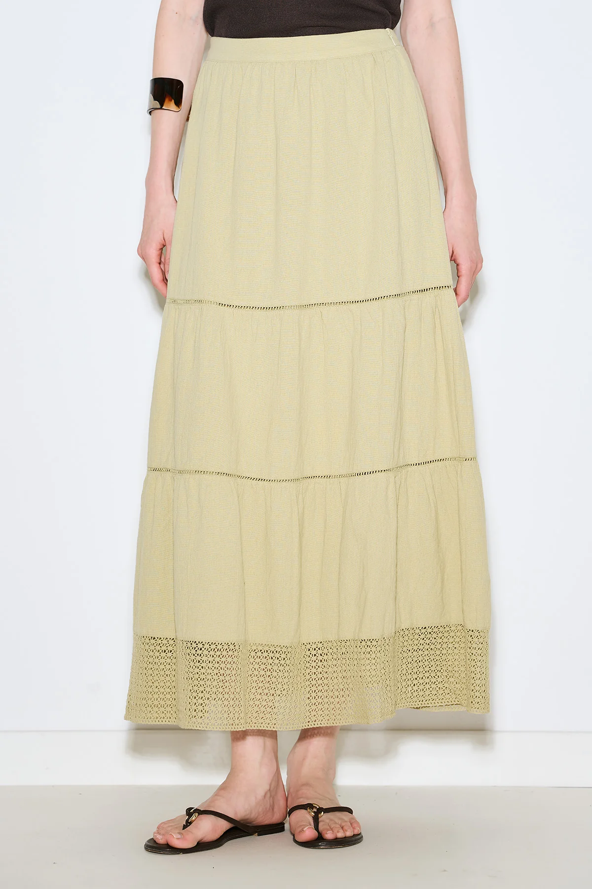 Embroidered Tiered Maxi Skirt Soft Green - Image 4