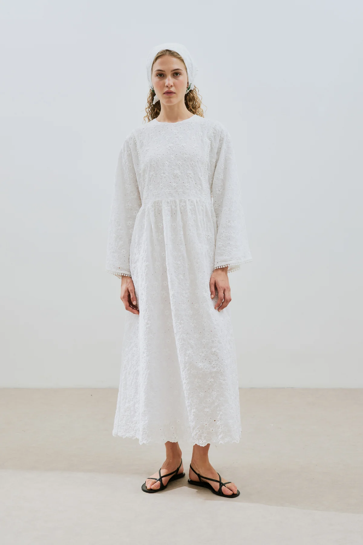 Embroidered Wide Sleeve Dress Ecru - Image 4