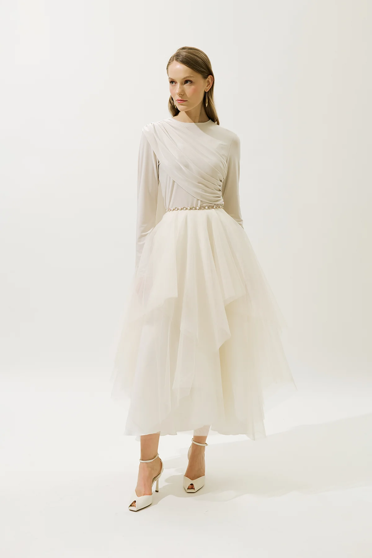 Emilia Tiered Tulle Skirt Beige - Image 2