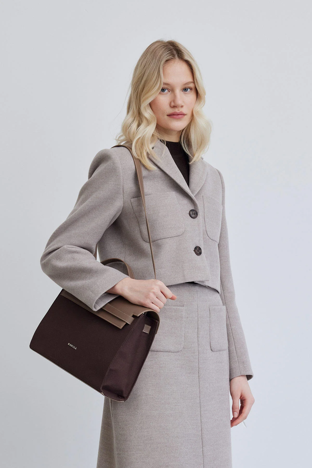Faux Leather Detailed Canvas Bag Dark Brown - Image 3