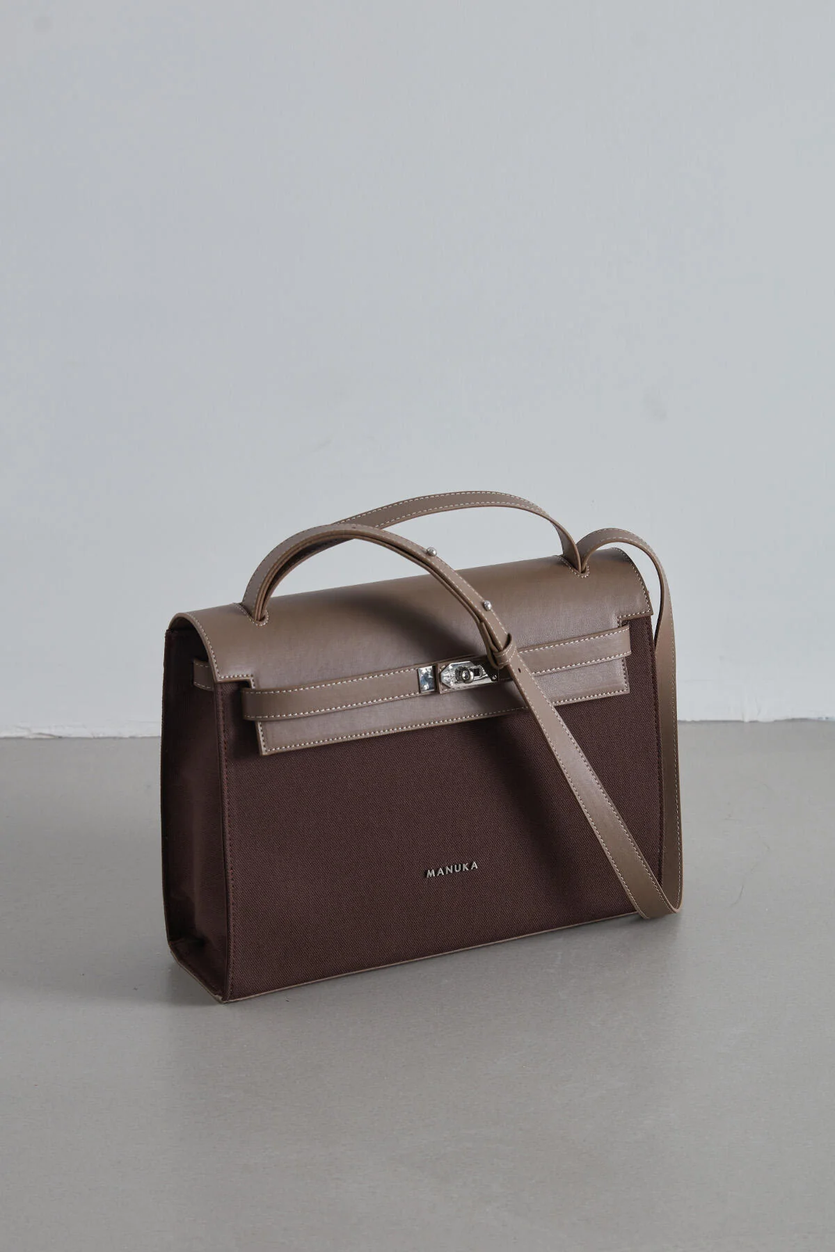 Faux Leather Detailed Canvas Bag Dark Brown - Image 5