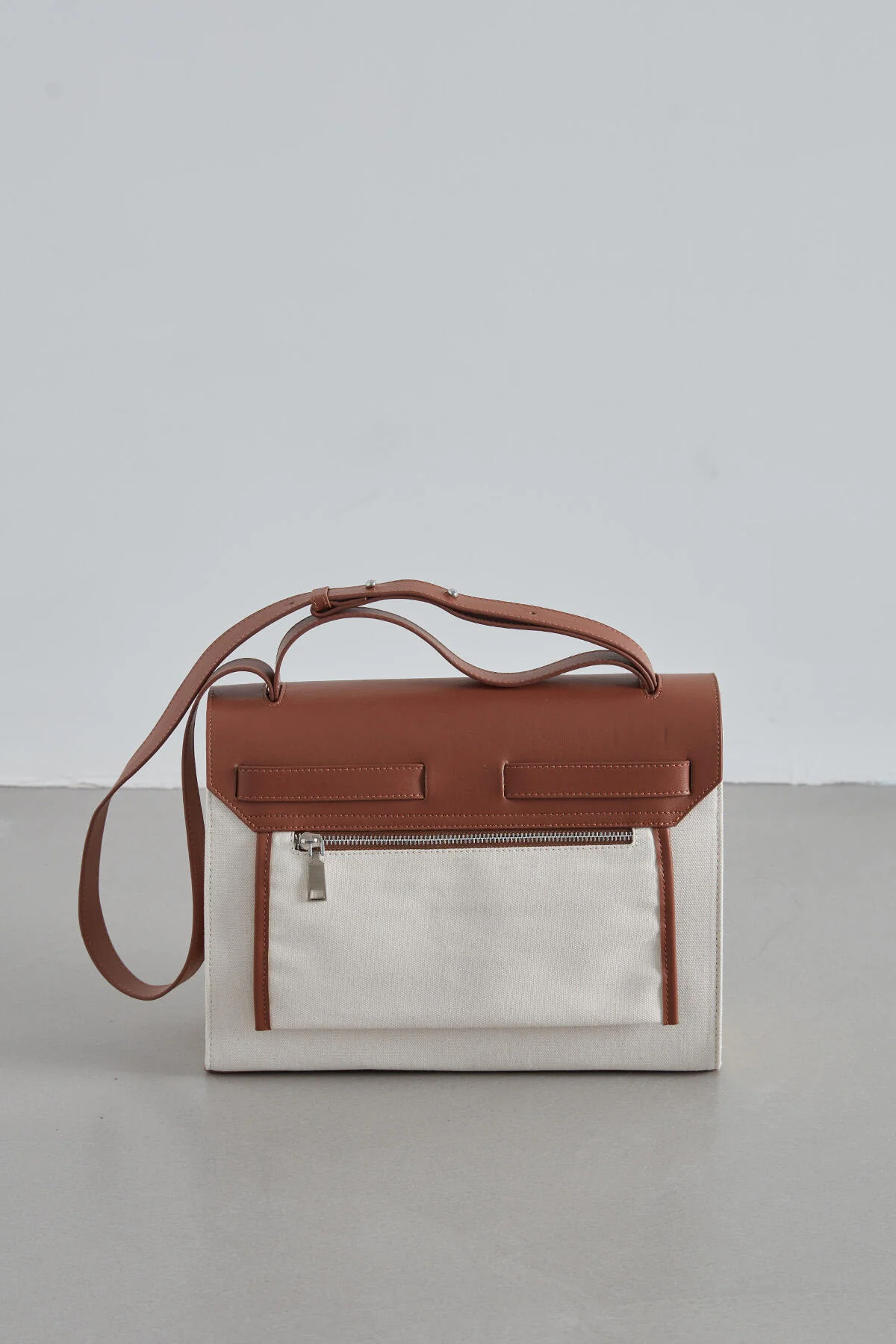 Faux Leather Detailed Canvas Bag Natural - Image 5