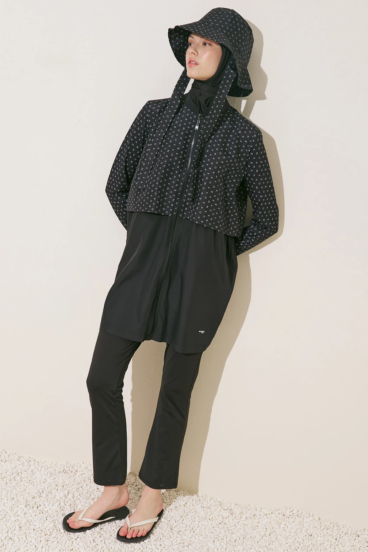 Zip-Front 3-Piece Modest Swim Set Black Logo Print - Image 4