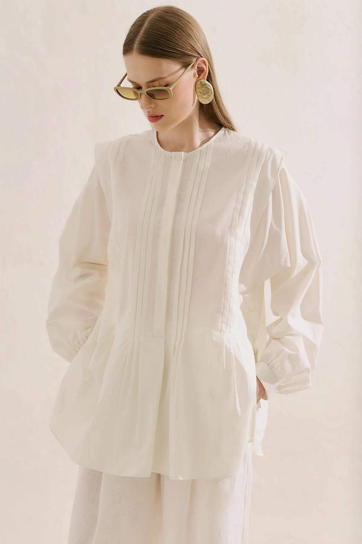 Flowing Tunic With Ruffle Detail Ecru - Image 5