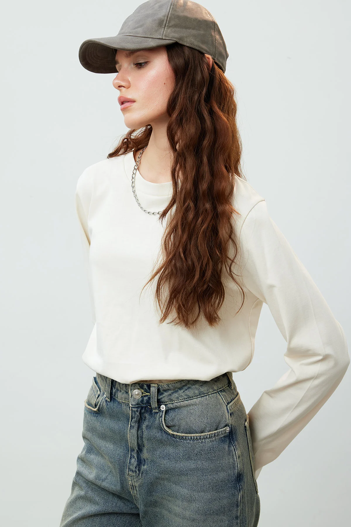 Fitted Long Sleeve Cotton T-Shirt Vanilla