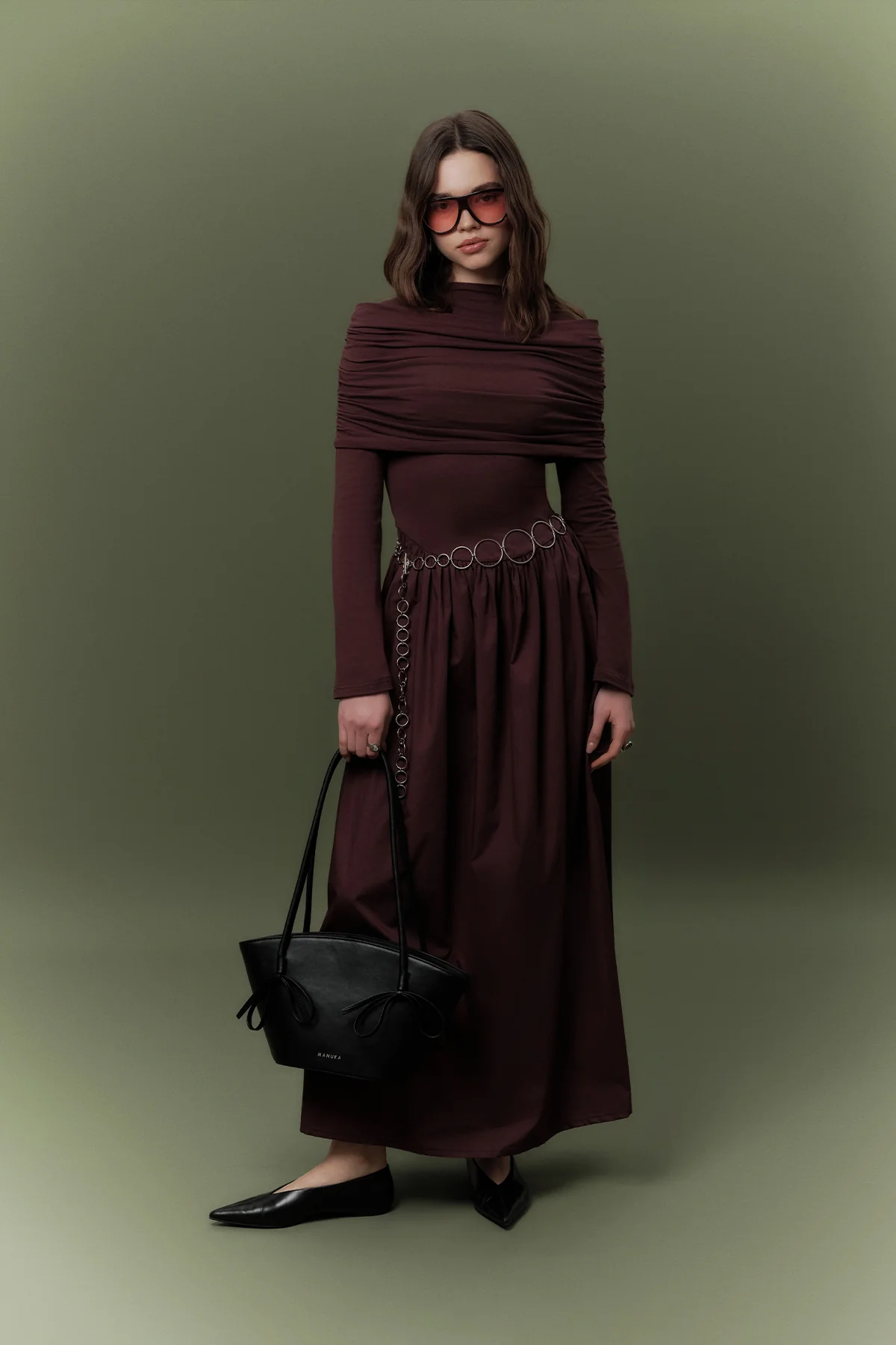 Full-Skirt Long Dress Burgundy - Image 2
