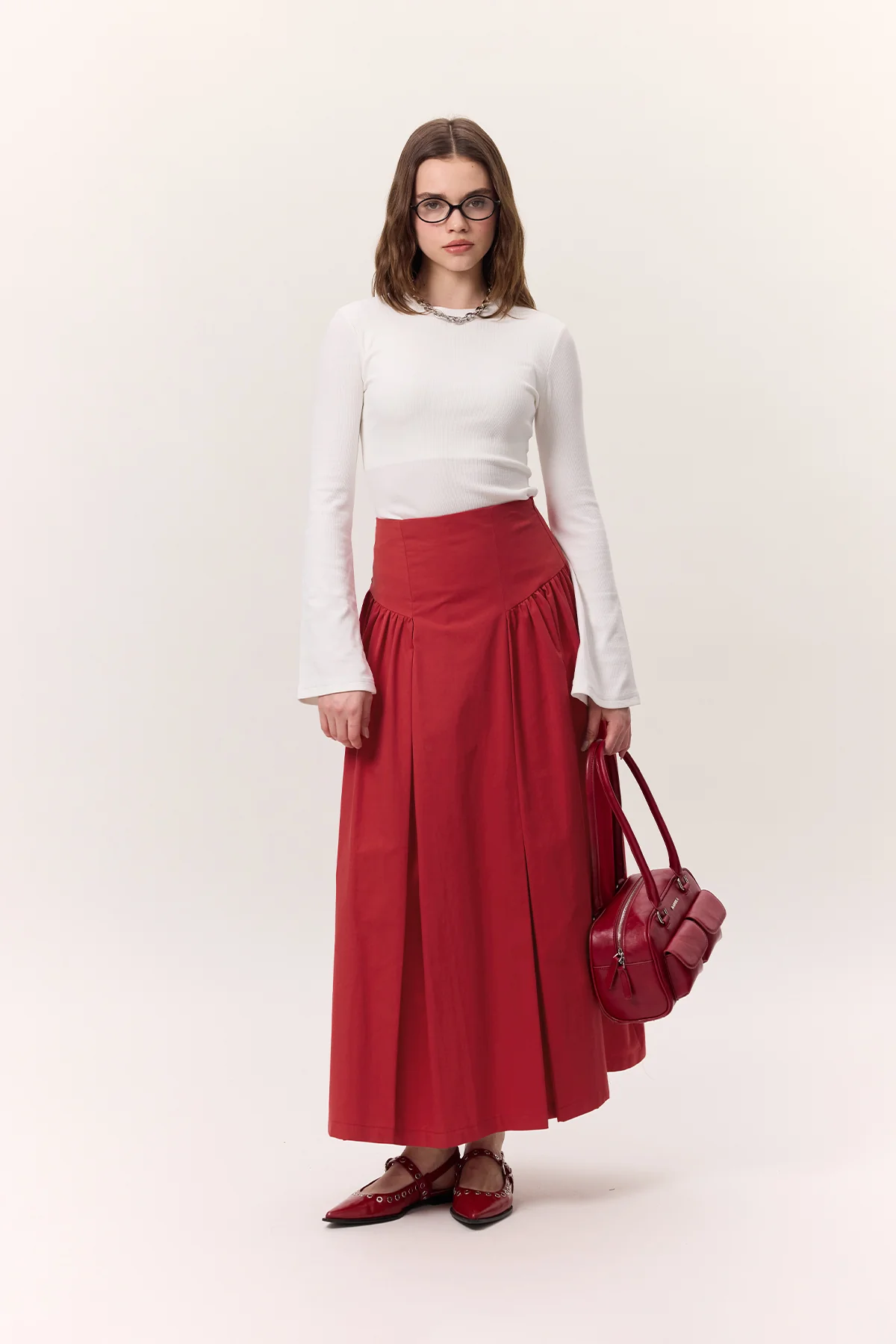 Gathered Gabardine Skirt Red - Image 3