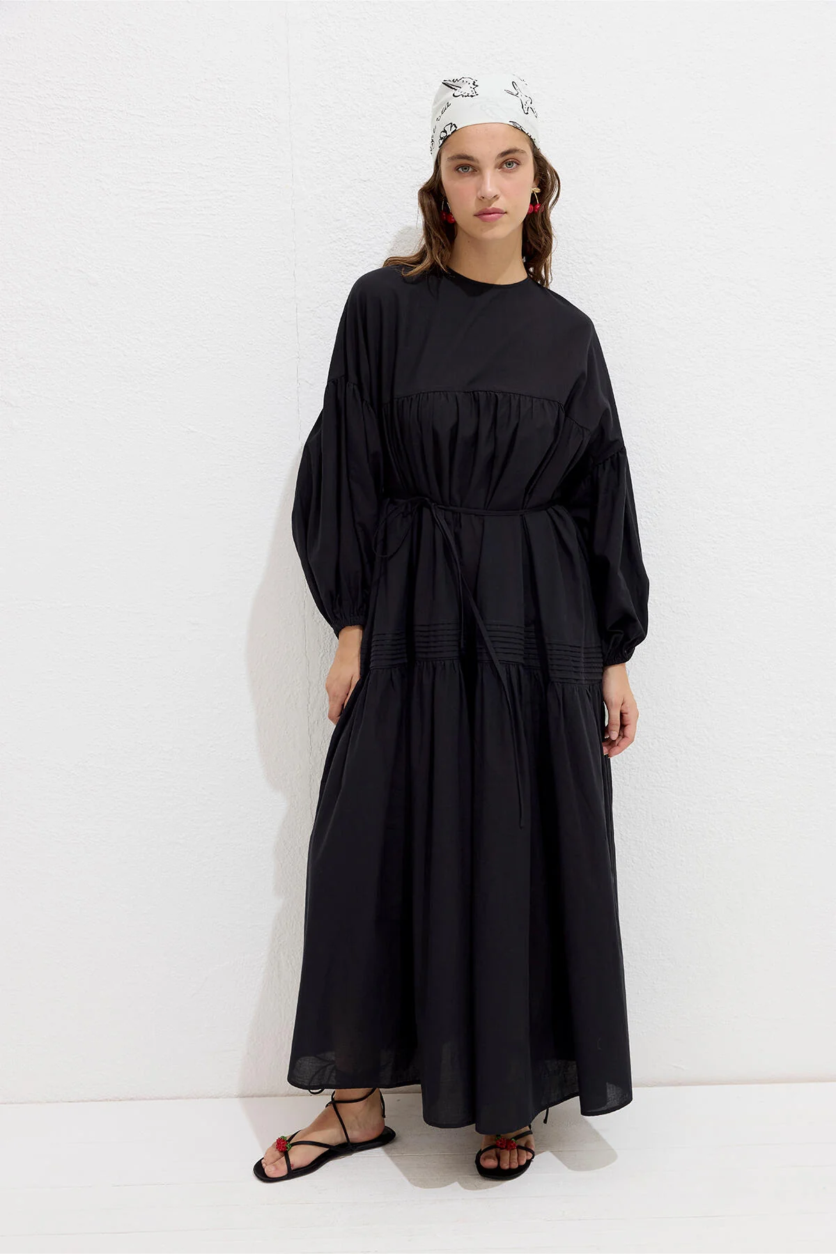 Gathered Oversized Voile Dress Black - Image 4
