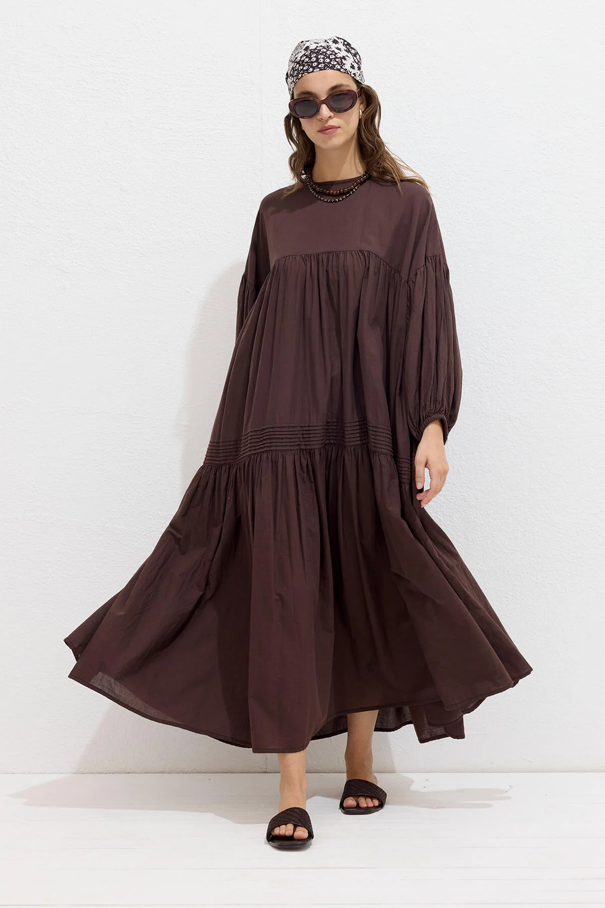 Gathered Oversized Voile Dress Brown - Image 5